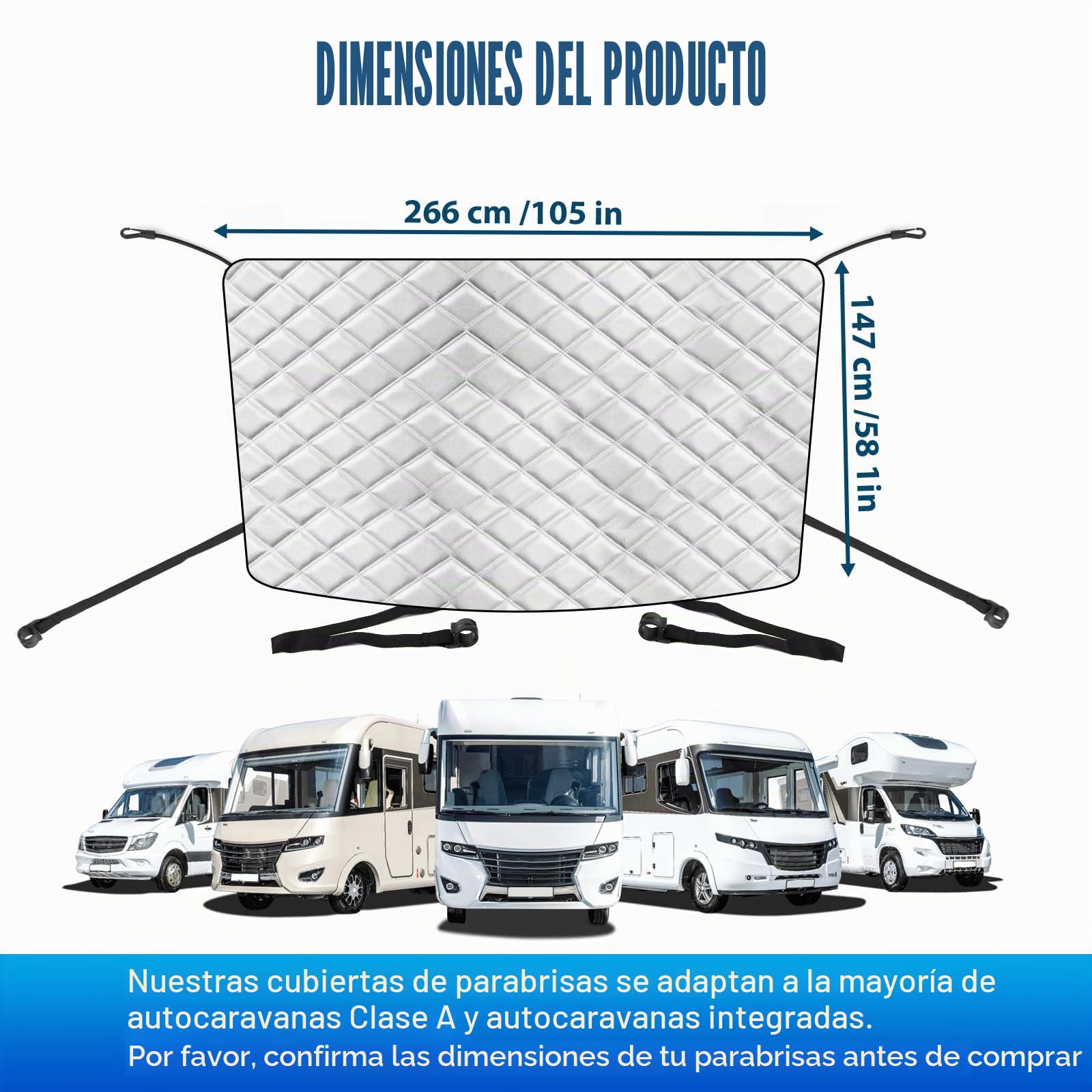 Funda para Parabrisas de Coche para Autocaravanas integradas, Funda Envoltura de Parabrisas de Lujo 600D para Clase A, Impermeable, Nieve, Hielo, Escarcha, Polvo, Sol (Plata)