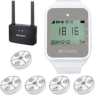 Retekess TD108-TD014 Sistema di Chiamata 500M Cercapersone Ristorante Auto-alimentato IP54 Impermeabile (1 Ricevitore Orologio con 5 Cercapersone con 1 Convertitore Amplificatore)