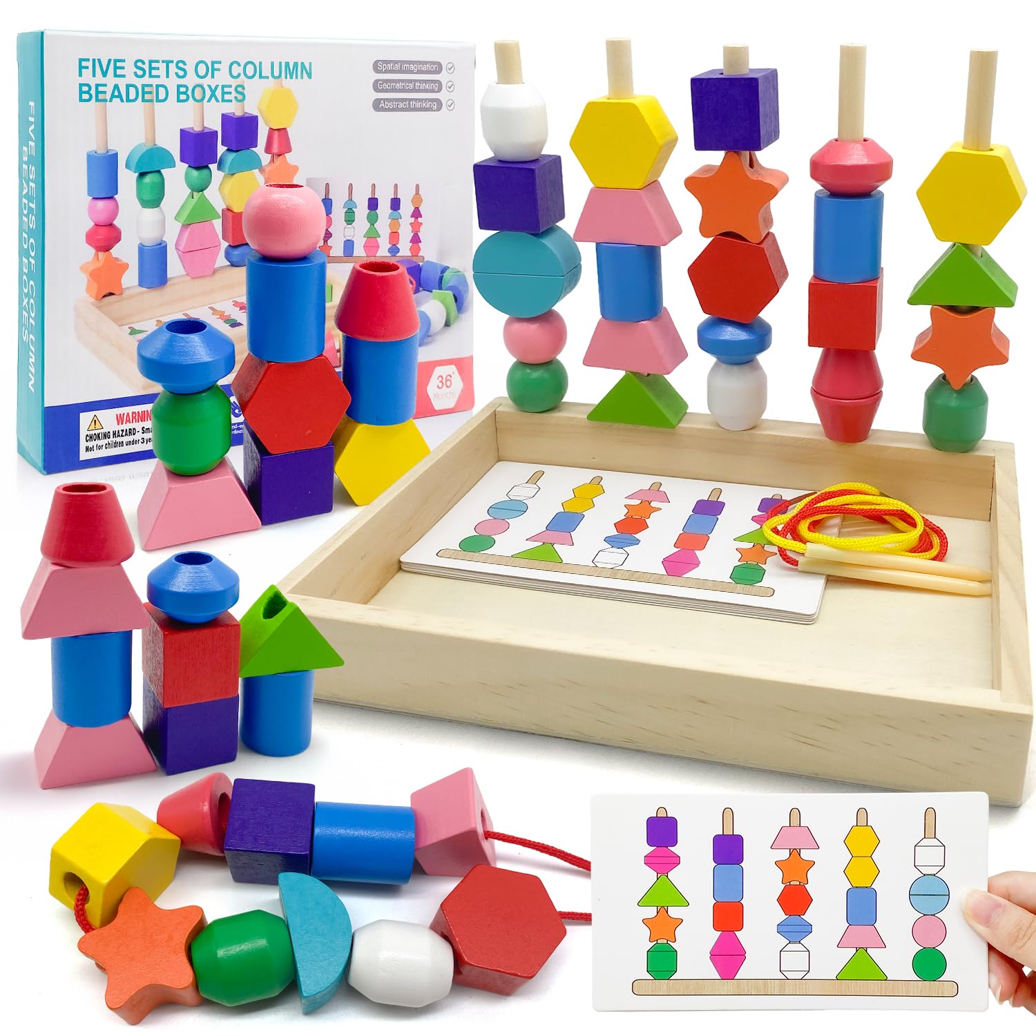 Yeefunjoy Montessori Drewniane zabawki dla dzieci w wieku 2, 3 i 4 lat, drewniane koraliki do nawlekania, klocki do układania, podróżna gra edukacyjna dla małych dzieci, prezent dla przedszkolaków