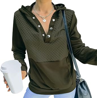 NOLLSOM Women Long Sleeve V Neck Button Up Fashion Hoodies Casual Quilted Pattern Sweatshirt Solid Loose Fit Pullover