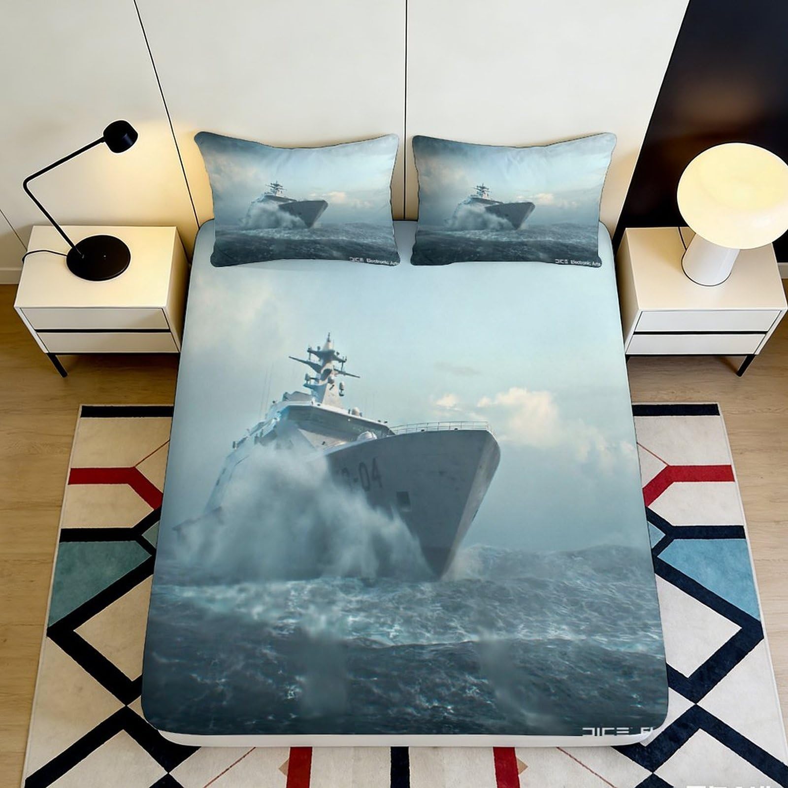 3D Printed Battleship Ocean Fitted Sheet Microfiber Soft Breathable Stormy Waves Mattress Cover for Bedroom Dorm Bed Decor 90x200x25cm