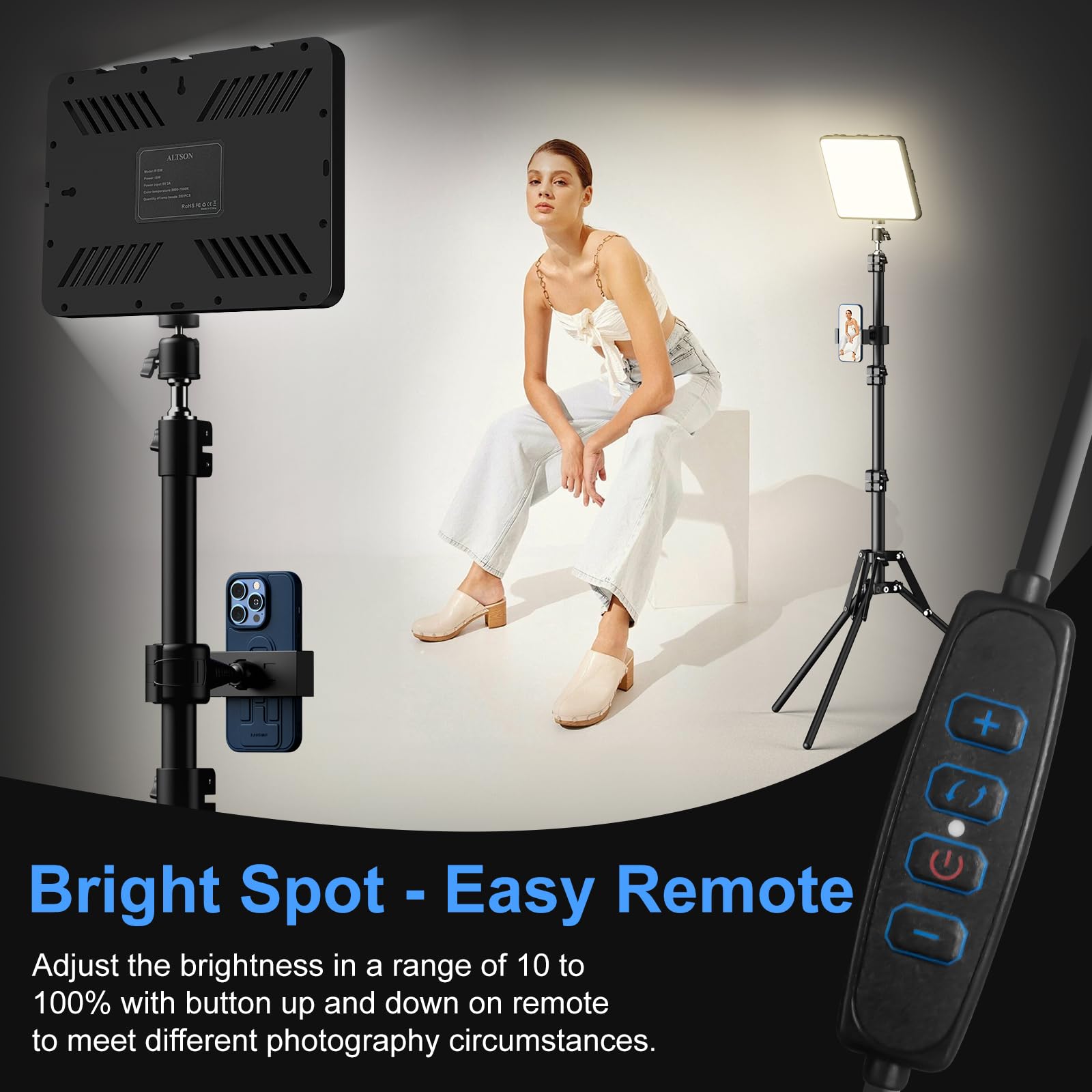 ALTSON Kit de 2 Luces de Video, luz LED de Estudio, 2700-6500 K, Kit de iluminación de fotografía Regulable con Soporte de trípode y Soporte para teléfono, luz de transmisión giratoria de 12 Pulgadas