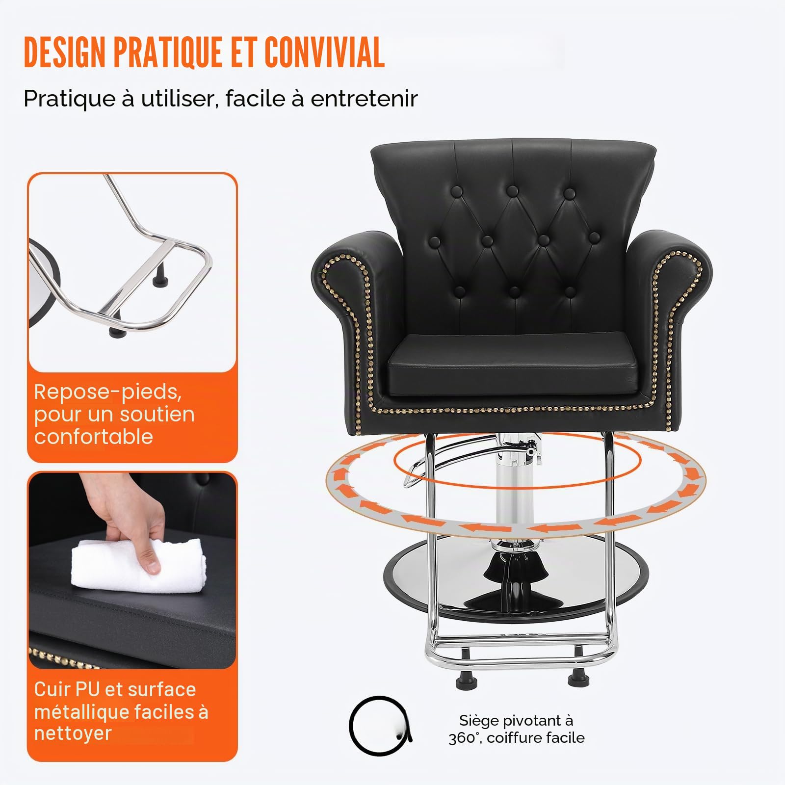 VEVOR Chaise de Coiffeur Hydraulique Fauteuil Salon Coiffure Pivotant 360° Charge 150 kg Hauteur Réglable 905-1060 mm Siège Barbier avec repose-pieds pour Salon Professionnel, Shampoing, Beauté, Noir