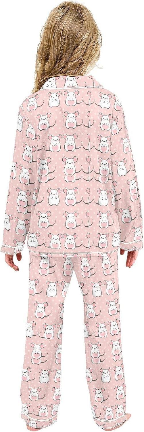 senya Cute Cartoon Mice Satin Pajama Sets Long Sleeves Nightwear Button Down Sleepwear