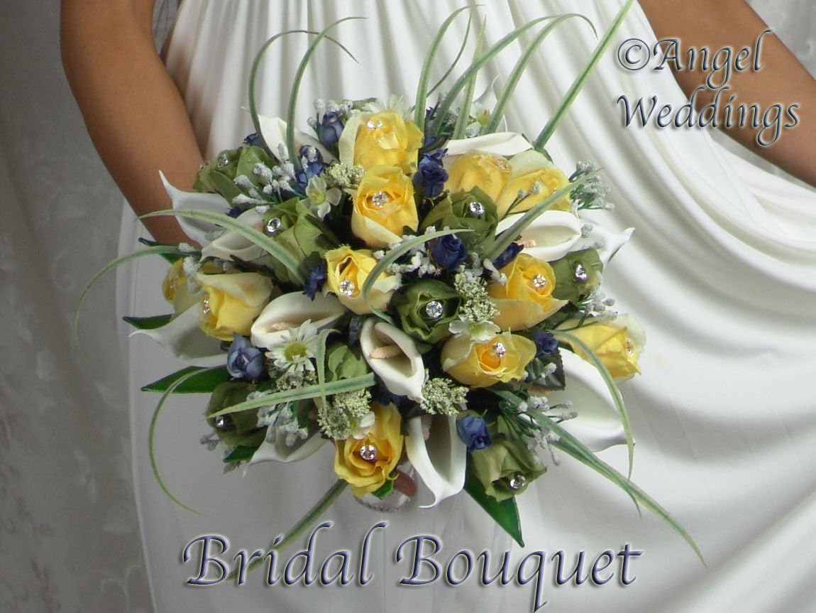 BEAUTIFUL CELESTE YELLOW & Royal blue accent Complete Wedding Package Bridal Bridesmaid Groom Corsage silk flowers
