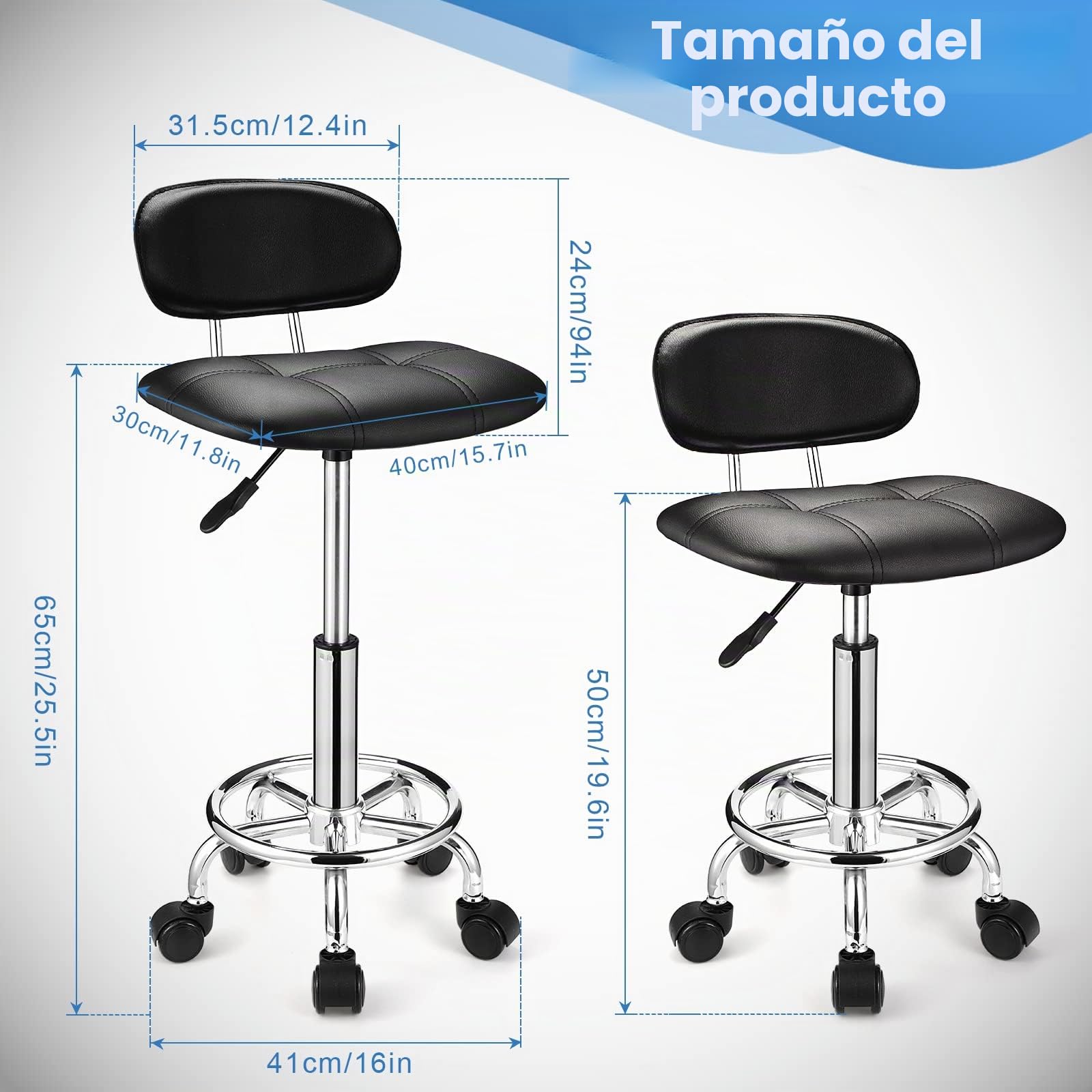 HMTOT Taburete Giratorio Cuadrado con Respaldo de Altura Ajustable con Ruedas, Color Negro
