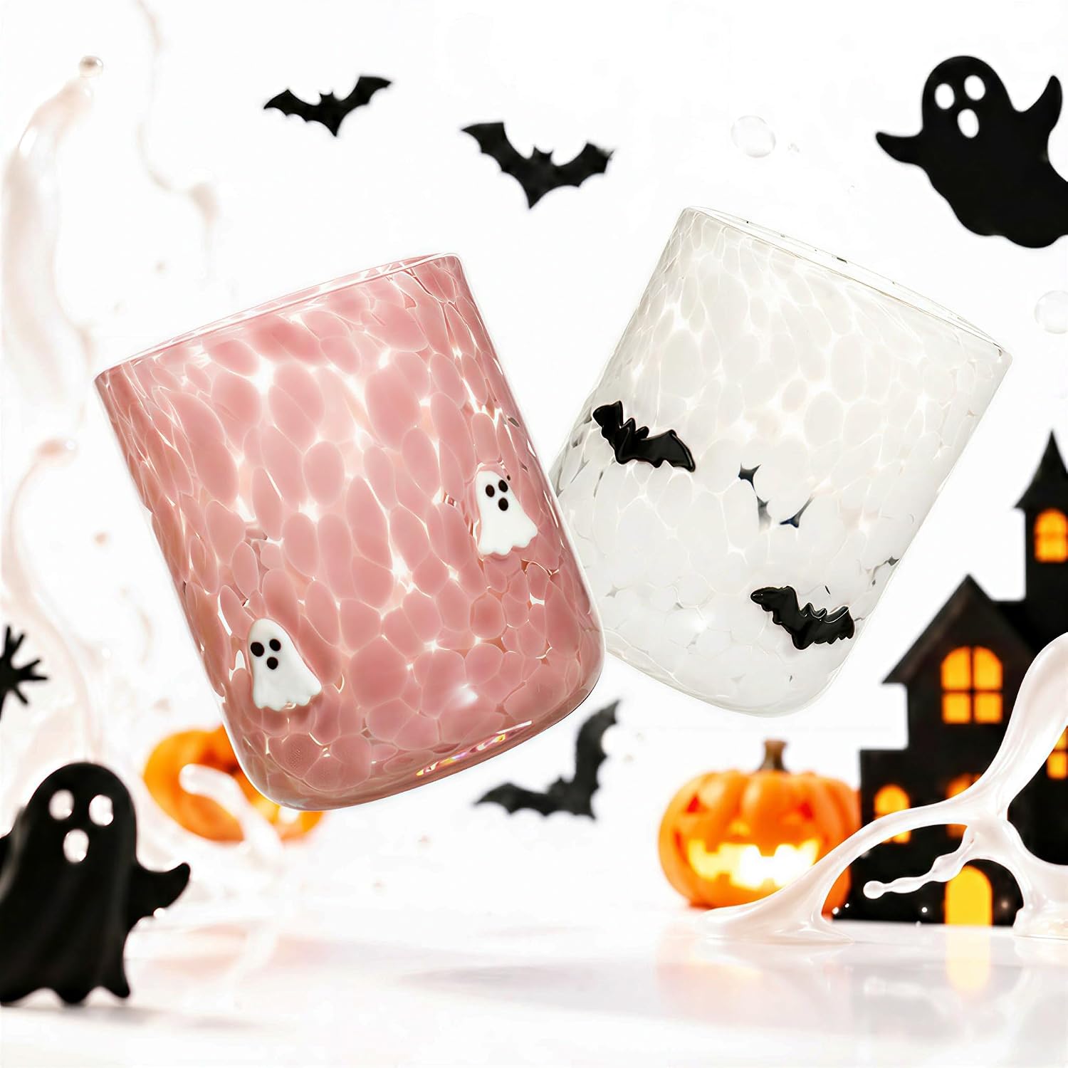 2 Pcs Halloween Icon Glass Cups,Ghost & Bat Icon Juice Glasses,Hand Blown