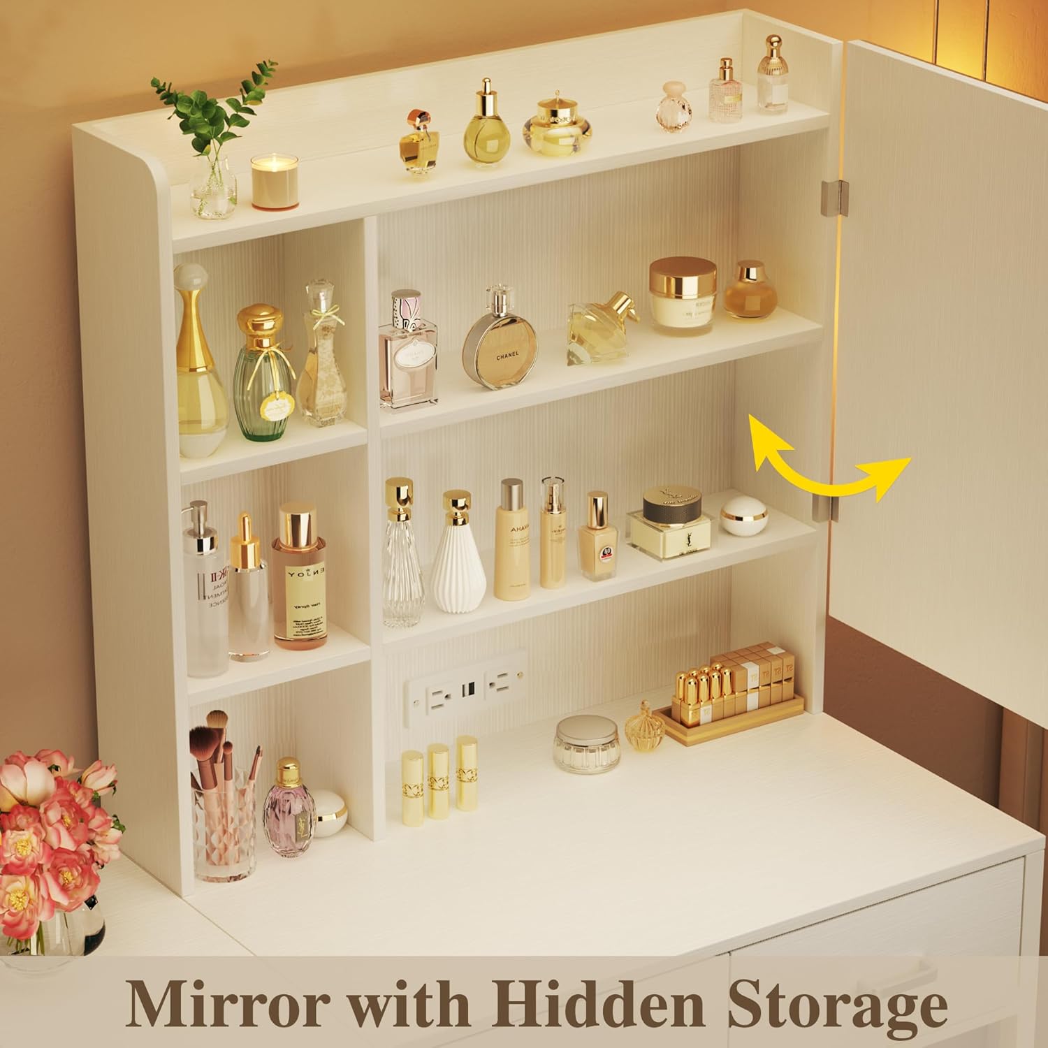 Vanity Desk with Mirror and Lights, Small Vanity with Fabric Storage Drawer & Hidden Storage Shelves, Makeup Vanity with Fold-up Panel & Power Outlet, for Bedroom, White
