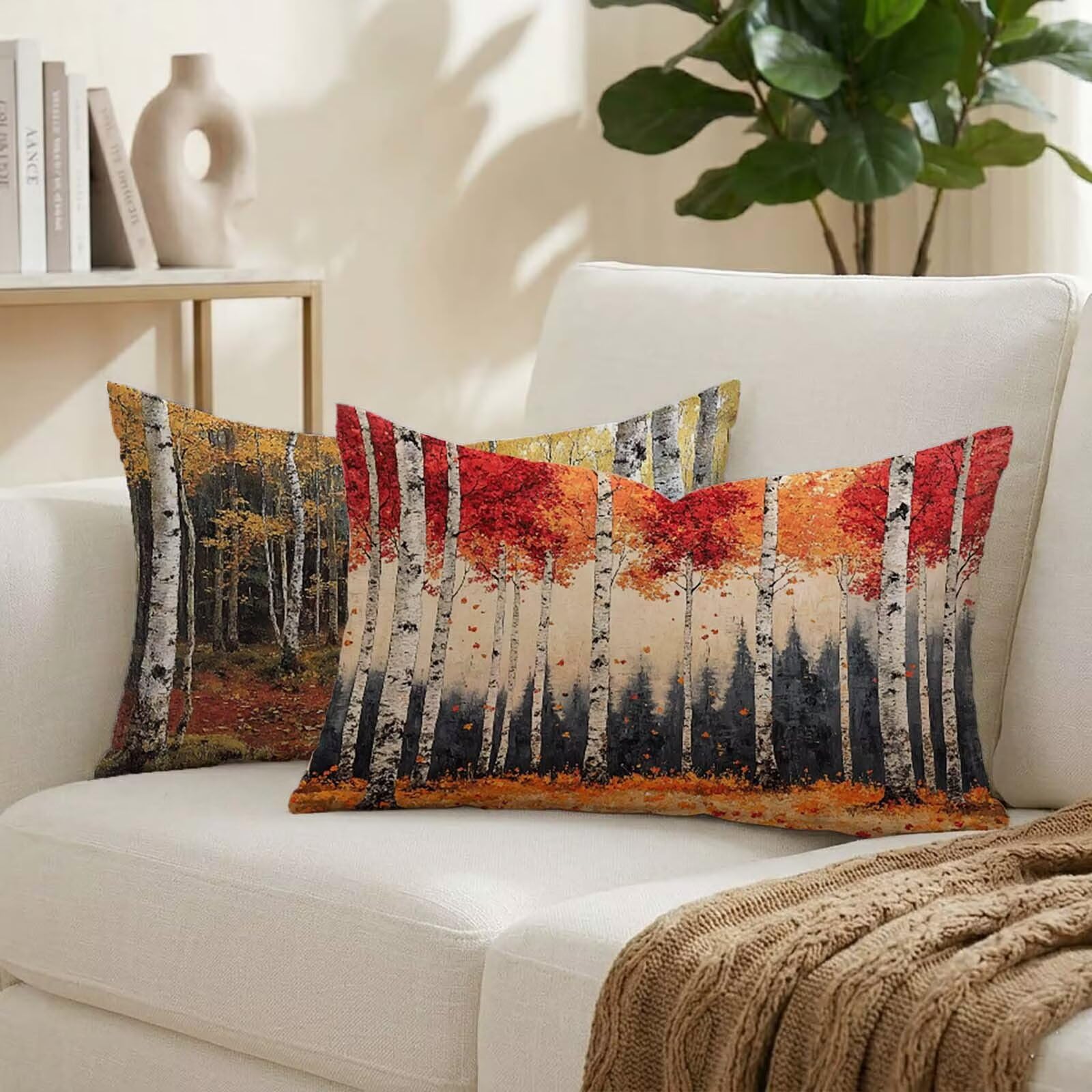 Coussin exterieur impermeable aspect lin deperlant avec motif arbre et foret K-4318