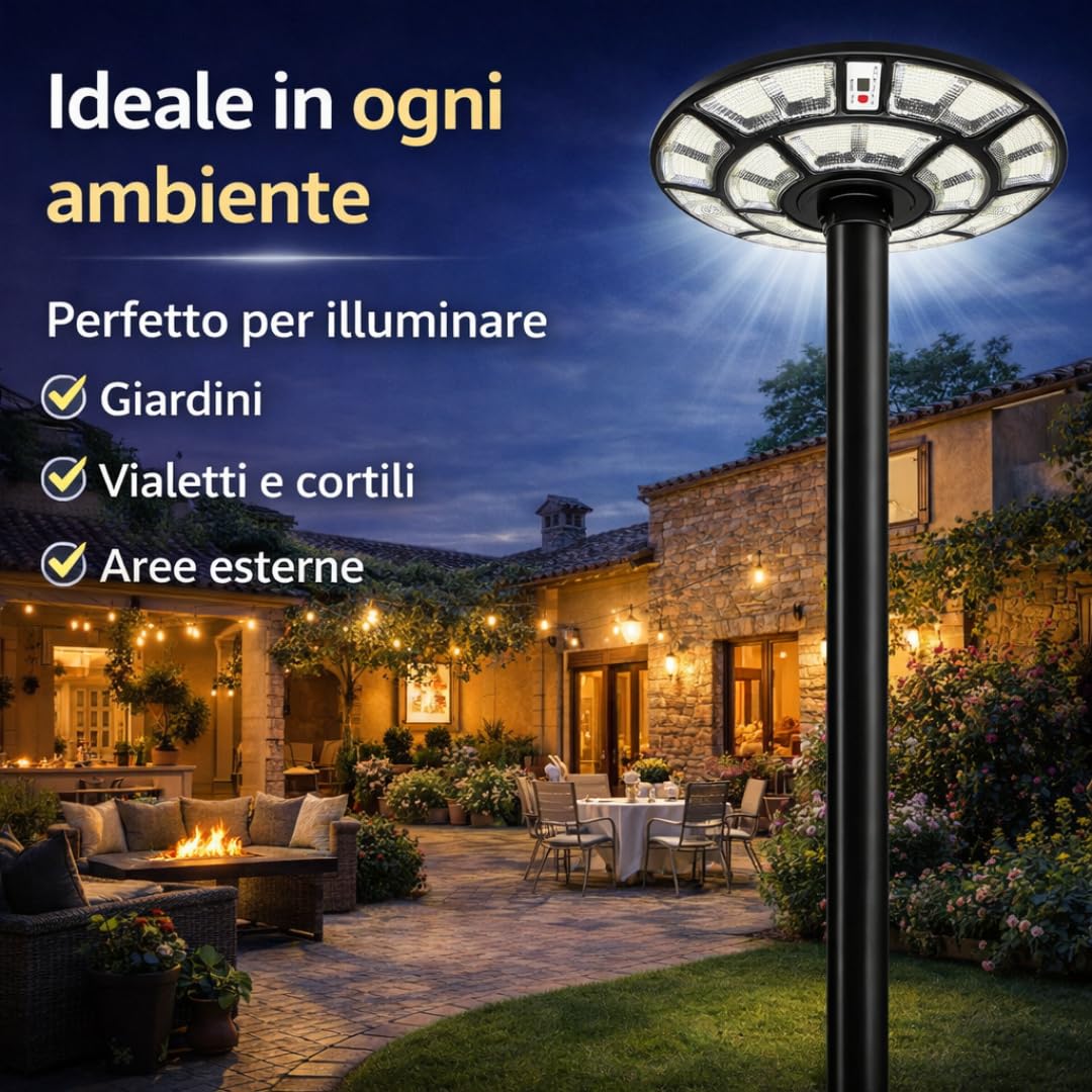 DE ROSA SHOP Lampione Solare Led Esterno, Lampione da Giardino 1200 Watt forma Ufo con Telecomando, Sensore di Movimento e Crepuscolare, Luce Bianco Fredda, Impermeabile IP 67.