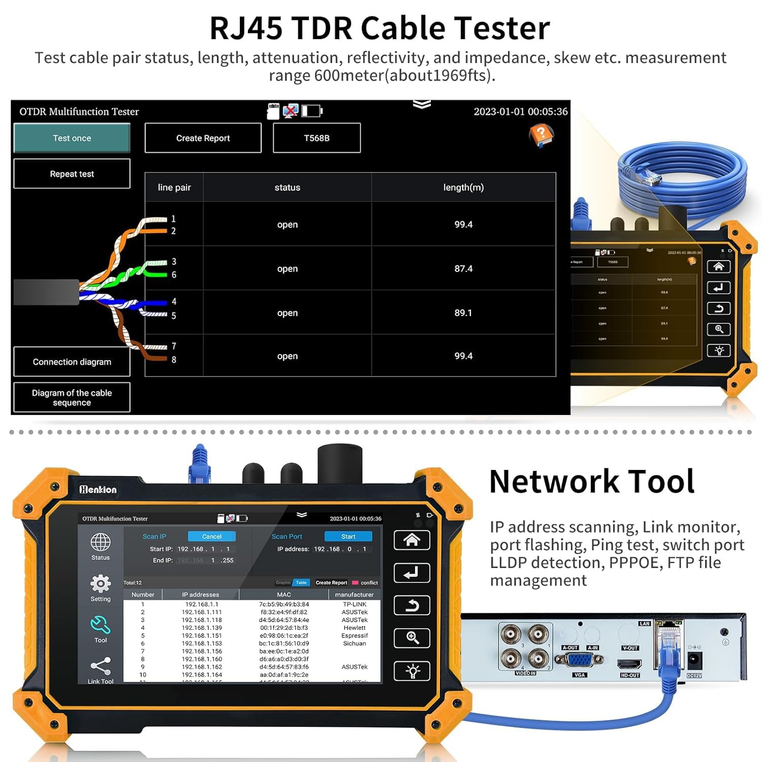 Henkion OTDR Fiber Optic Tester 1310/1550nm 26/24dB Optical Fibers Tester Auto OTDR/Parameter Setting,OPM,LS,OLS,Event Map,Cable Tester,Network Tools,8 Style of Fiber Adapters File Setting/Report