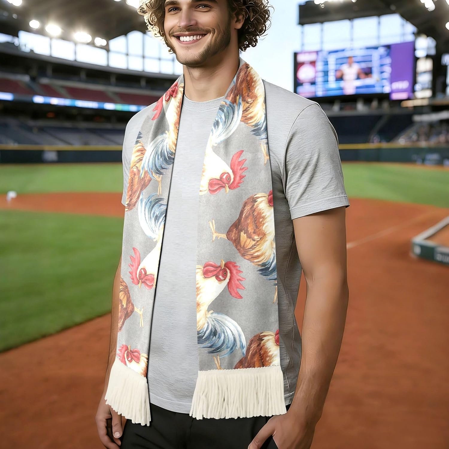 CHIFIGNO Rooster Gray Sports Fan Scarf with Fringe Ends, Soft Polyester Towel Scarf for Soccer Games, Quick Dry Sweat Absorbing Cheering Wrap