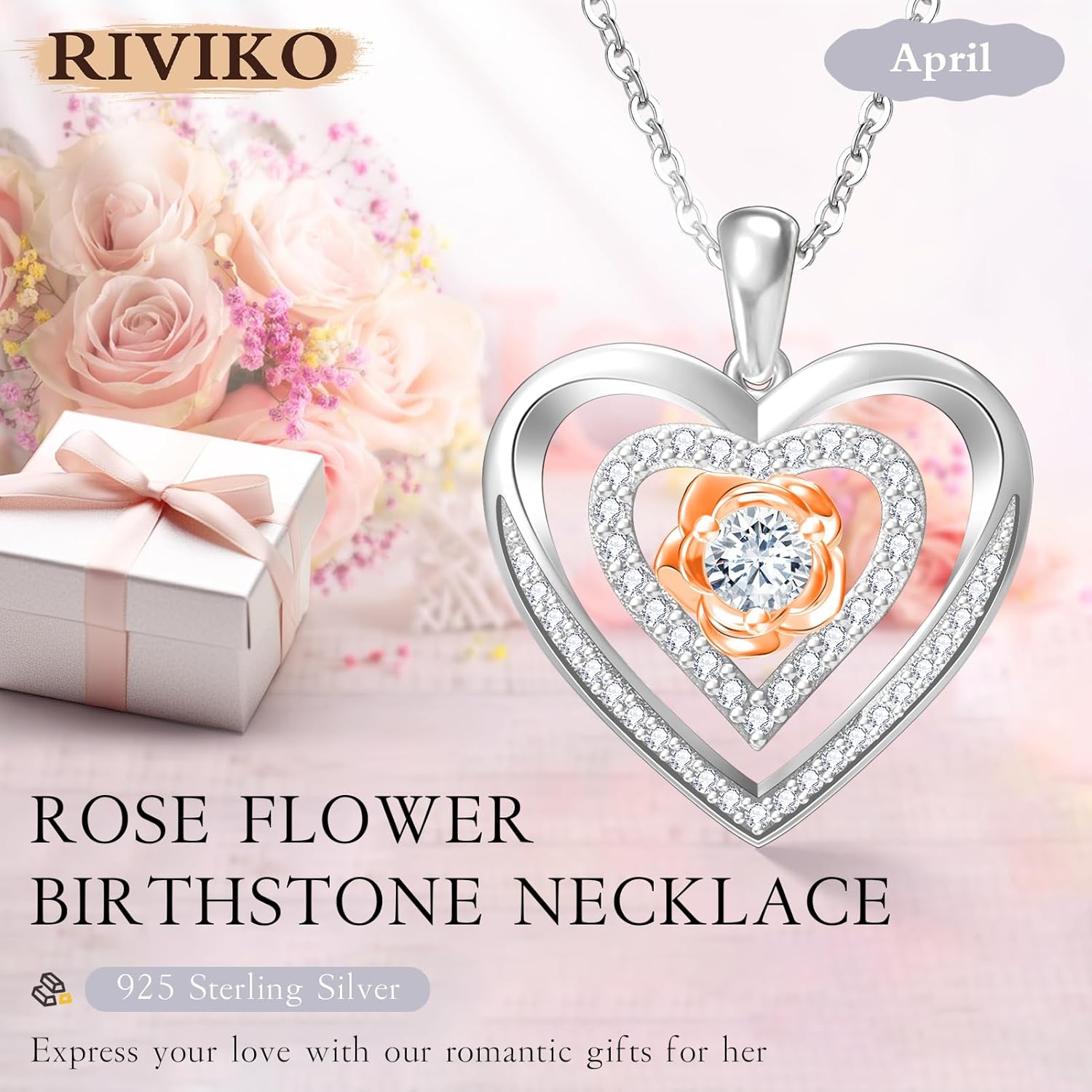 RIVIKO Valentines Day Gifts for Her-925 Sterling Silver Rose Flower Birthstone Necklaces for Women,Love Heart Pendant Necklace,Birthday Mothers Day Jewelry Gifts for Women Wife Mother Friend Lady