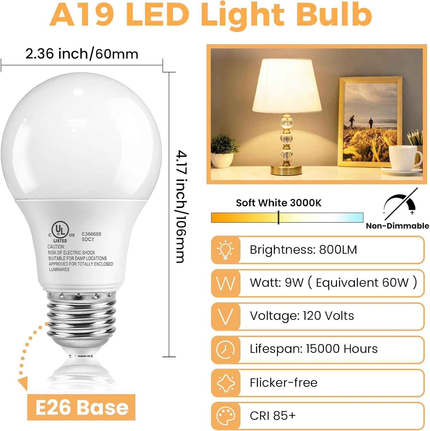 TJOY 6 Pack A19 LED Light Bulbs, 60 Watt Equivalent, Soft Warm White 3000K, Energy Efficient 9W, E26 Base Standard LED Bulb, 120V, 800 Lumen Lightbulbs for Bedroom Indoor Lamp, Non-Dimmable, UL Listed