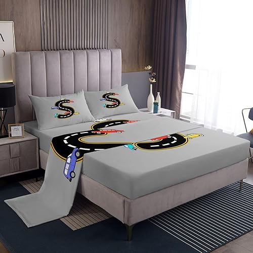 jejeloiu Cartoon Car Bed Sheets Set Queen Size Letter S