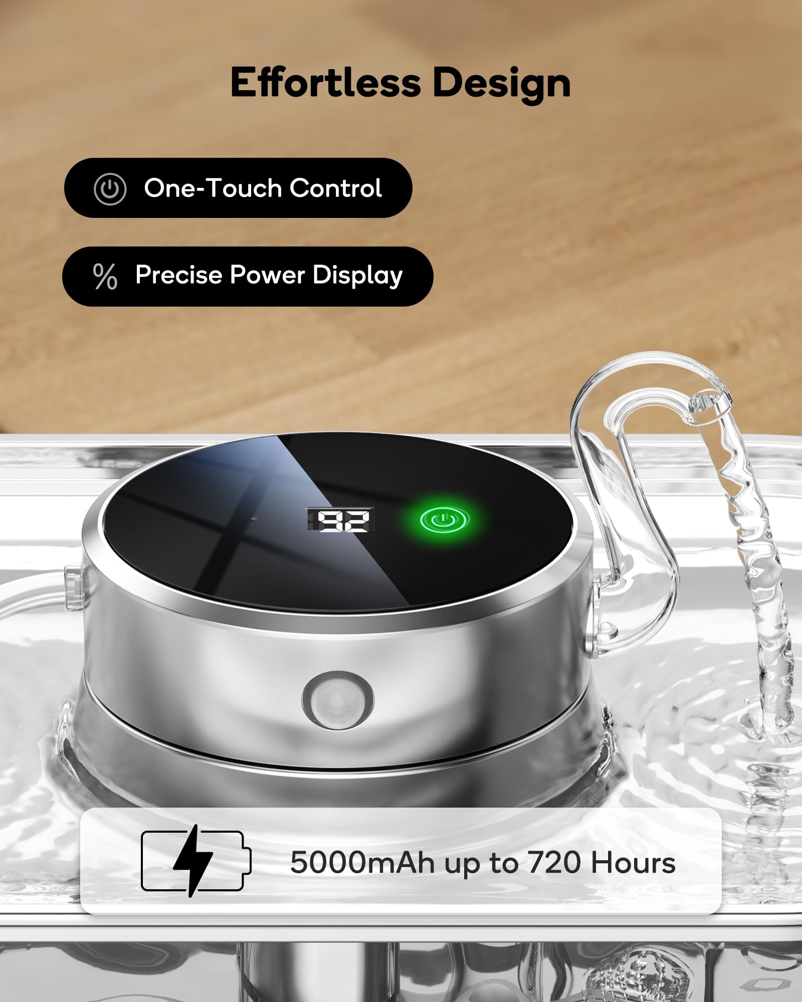 Cat Water Fountain Cordless, 108oz/3.2L Cengcen Wireless Pet Water Fountains Battery Operated 5000mAh, Chew-Proof Charging Cable with Adapter, Stainless Steel Transparent, Premium Edition - image 5