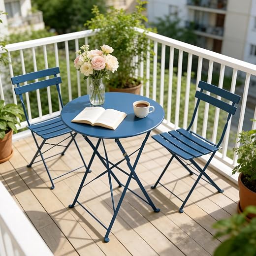 3 Piece outdoor bistro foldable Table and Chairs, Peacock Blue