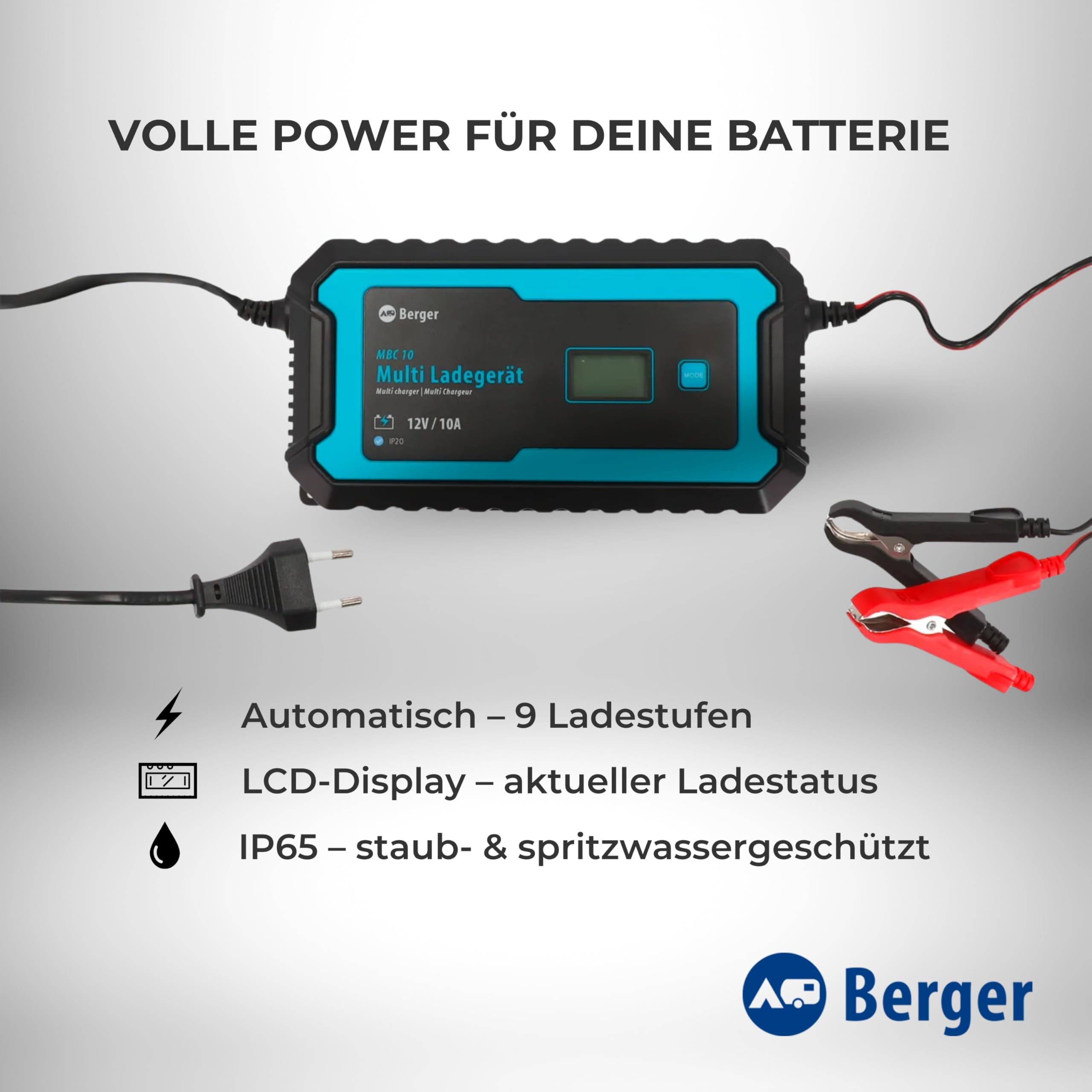 BERGER Multi Batterie Ladegerät MBC | 12V Ladegerät für Autobatterie mit LCD-Display & Schutzfunktionen | Vollautomatisches Batterieladegerät | Für AGM, Gel, Wet, MF, Blei-Säure | IP65 (MBC 10)