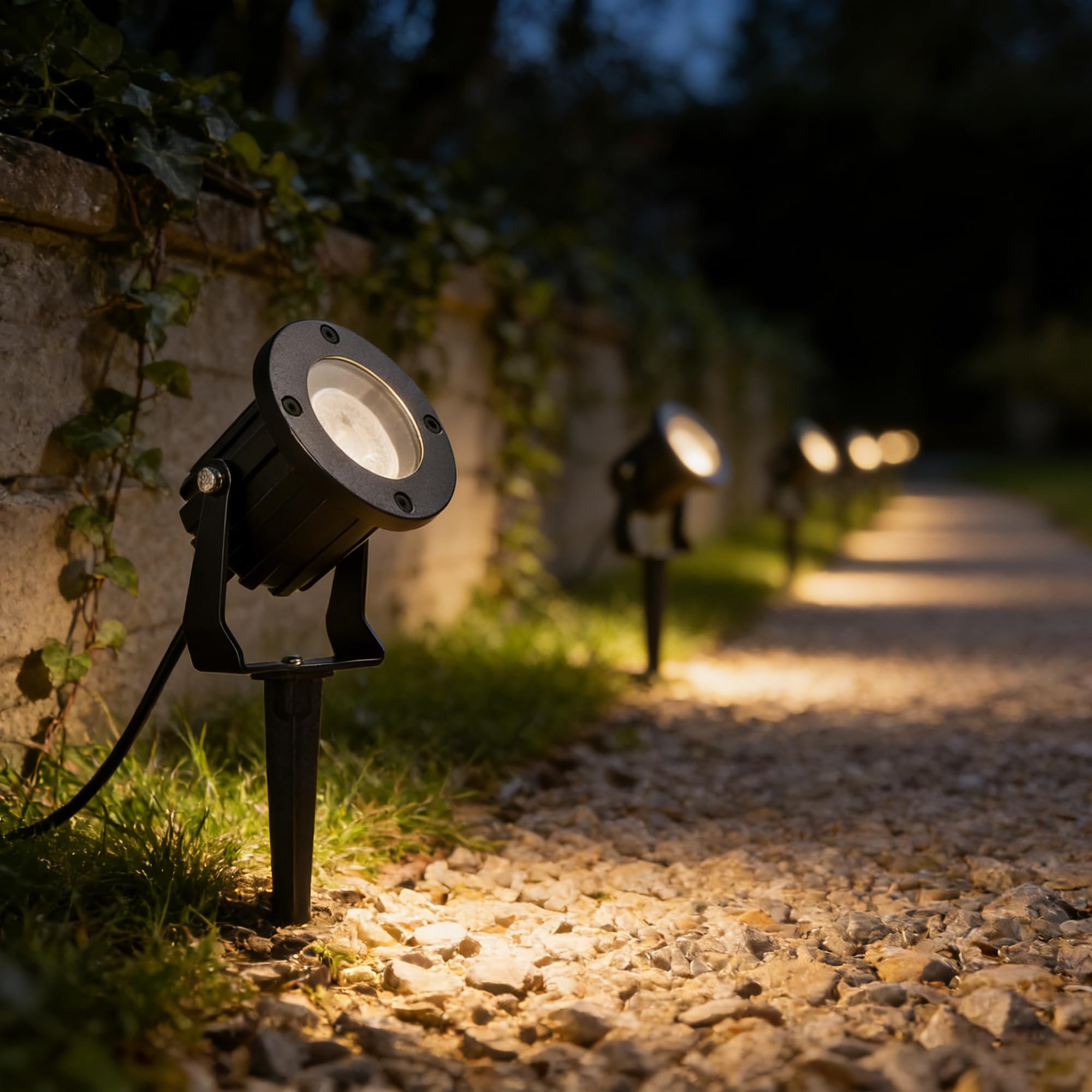 LED Gartenstrahler mit Erdspieß für Außen, IP65 wasserdichte Gartenbeleuchtung mit Strom, schwenkbar, inkl. 5W GU10 3000K Warmweiß, 2m Kabel mit Stecker, Schwarz, 4 Stück