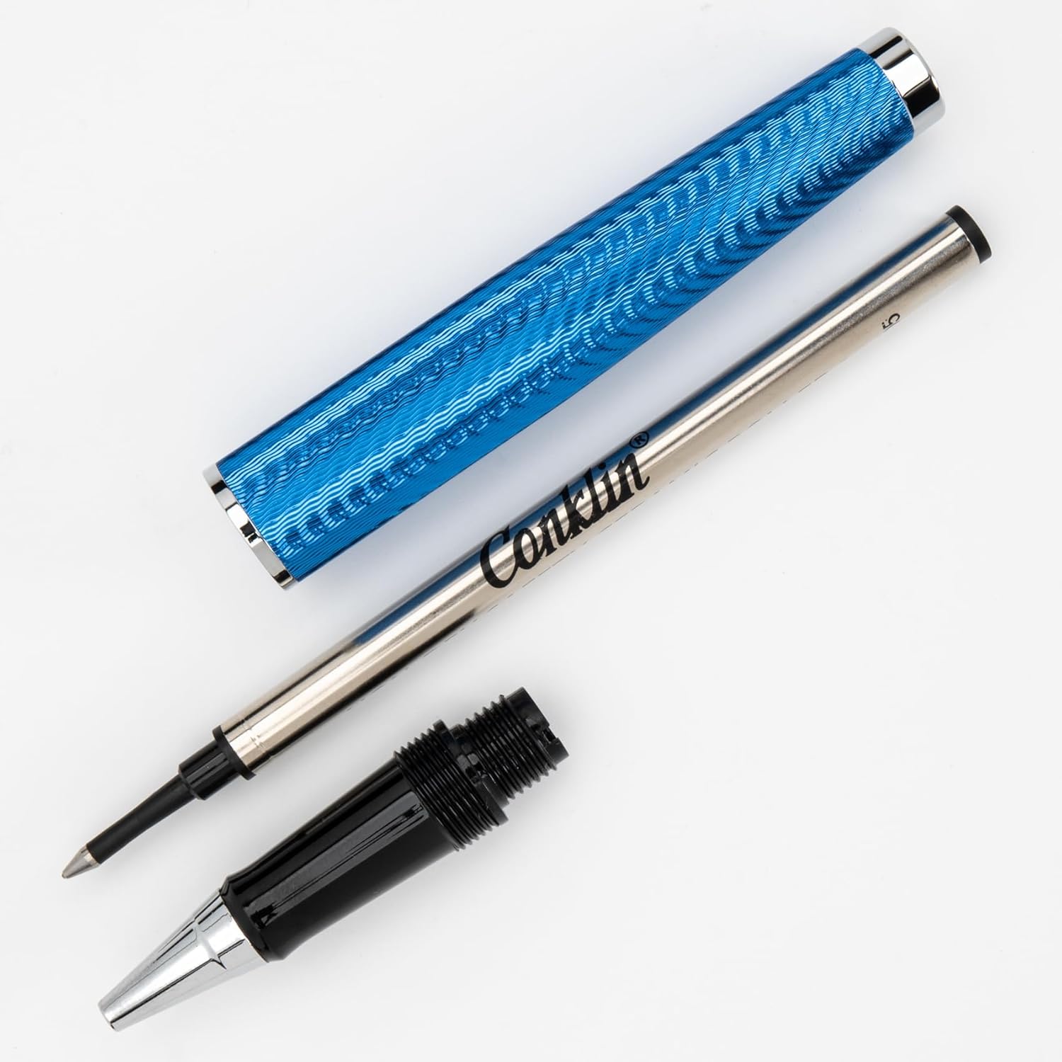 Conklin Herringbone Signature Rollerball Pen - Blue with Chrome Trim, Elegant Engraved Design, Smooth Writing Experience, Refillable for Long-Lasting Use, Ideal Gift for Professionals