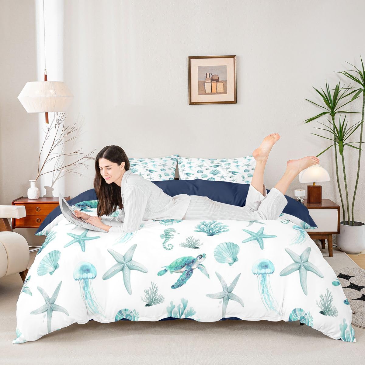 Homewish Set di biancheria da letto per letto super king size con stelle marine, conchiglie e trutoli, decorazione a tema creatura marina, per adulti, adolescenti, donne, foglia di tè, oceano, scena
