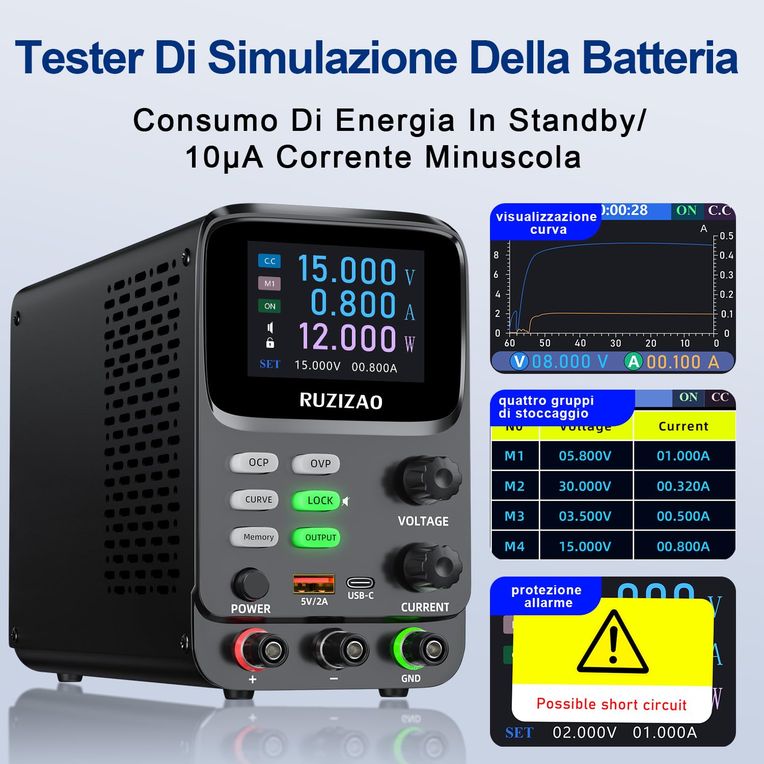 Alimentatore da Laboratorio Alimentatore da Banco 30V 10A Alimentazione DC Regolabile con Curva Grafica, Blocco di Alimentazione con Display LCD a 5 bit Display Corrente mA di Precisione
