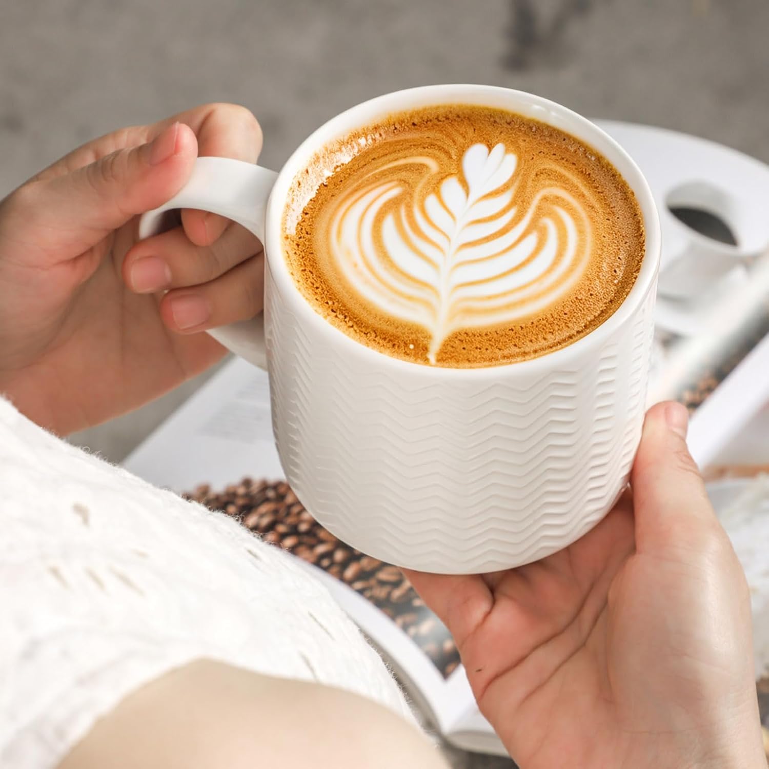 HASENSE Coffee Mugs with Metal Stand,15 oz Ceramic Stackable Mug Set Embossed Latte Cup, Ceramic Coffee Cups with Handle for Cappuccino and Tea, Multi Color - Image 4