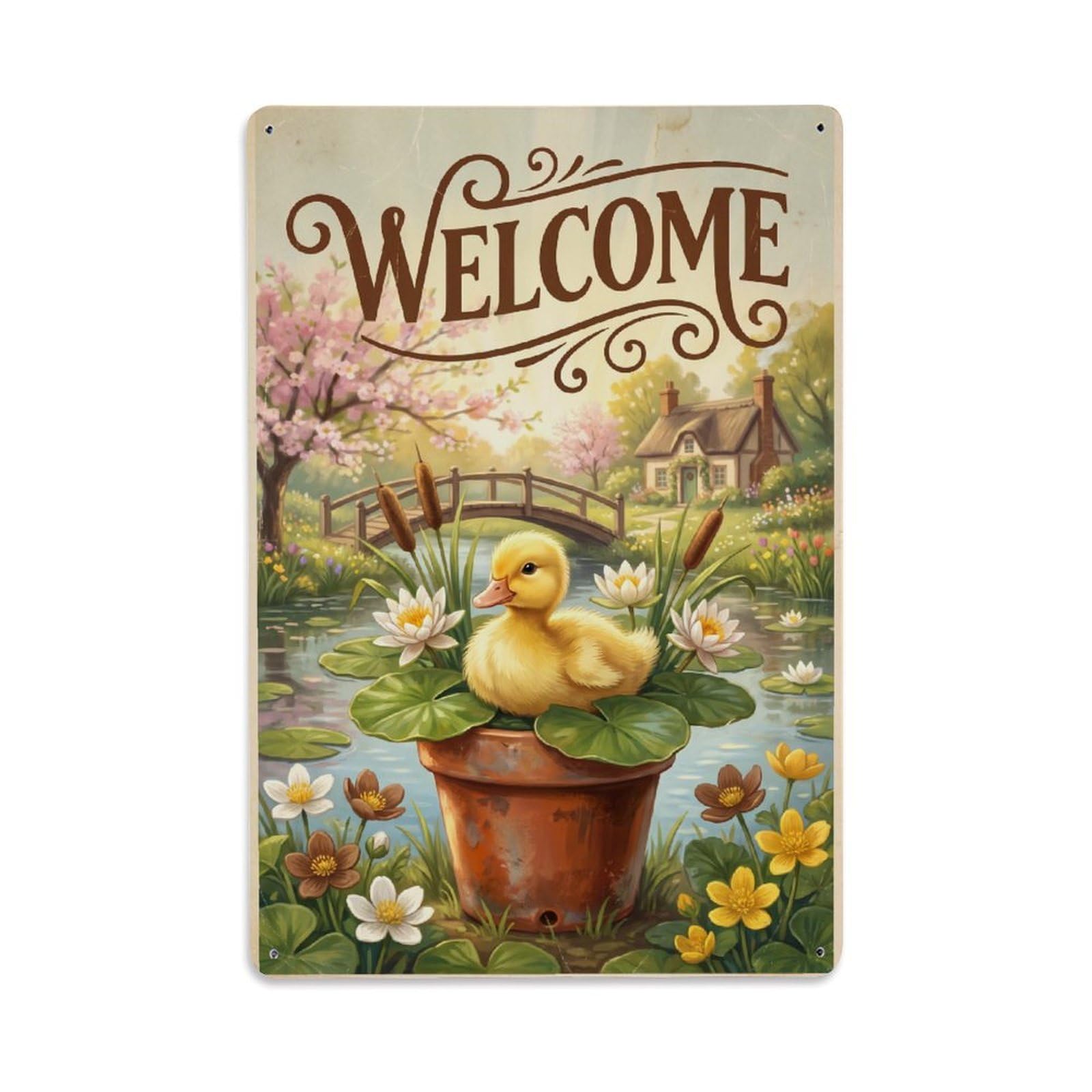 Cxhjca 8X12inch(20X30cm) Vintage Welcome Duckling Petal Paradise Metal Tin Sign