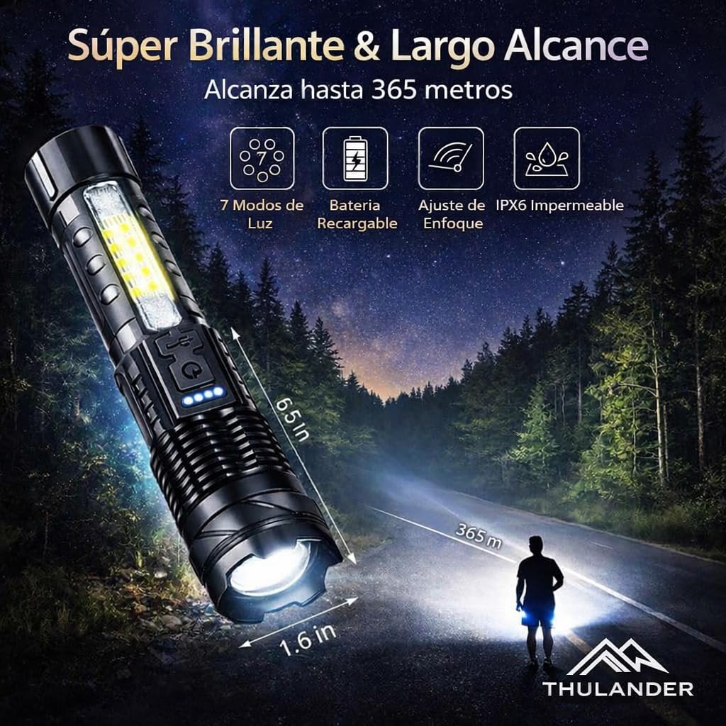 Pack 2 Linternas LED Alta Potencia Recargables USB – Linterna Táctica con 7 Modos, Luz Lateral COB, Enfoque Ajustable, Impermeable IPX6 + Pulsera Paracord – Para Emergencias, Camping, Coche, Caza