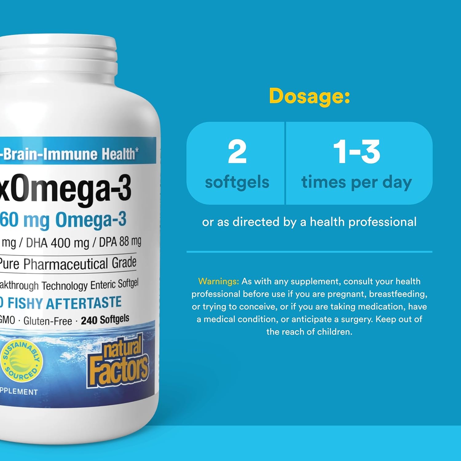 Natural Factors, RxOmega-3 Fish Oil, Pharmaceutical Grade, 1260 mg Omega-3 Per Serving, No Fishy Aftertaste, 240 Count (Pack of 1)
