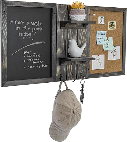 MyGift Juego combinado de tablón de anuncios de entrada de madera gris vintage montado en la pared con pizarra, tablero de corcho, 2 estantes de
