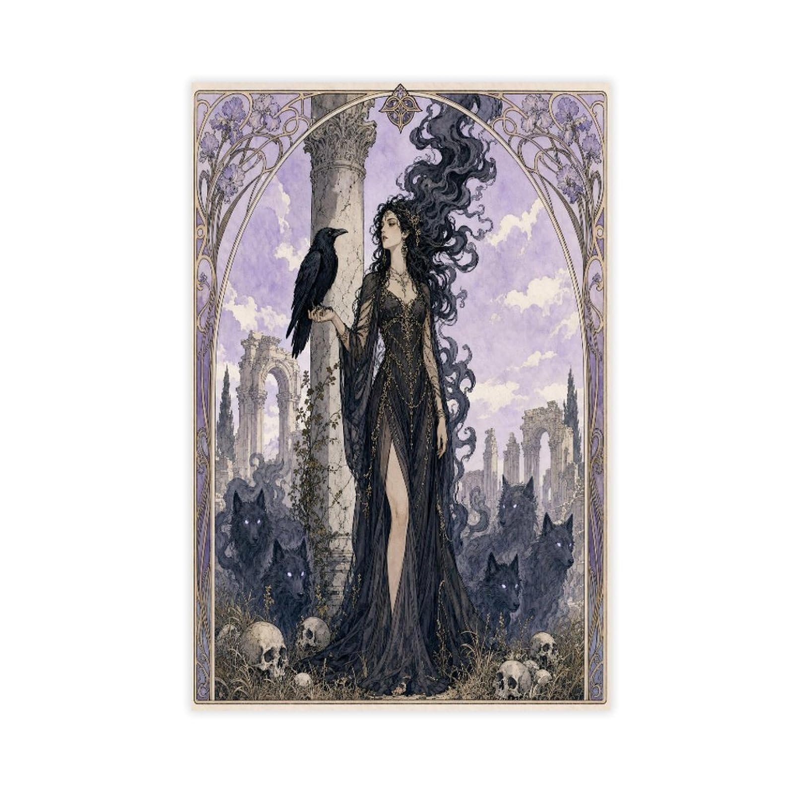 W7c8u2x3 Unframe-Style-9 Raven Witch In Graveyard Canvas Wall Art, Purple Gothic Dorm Room