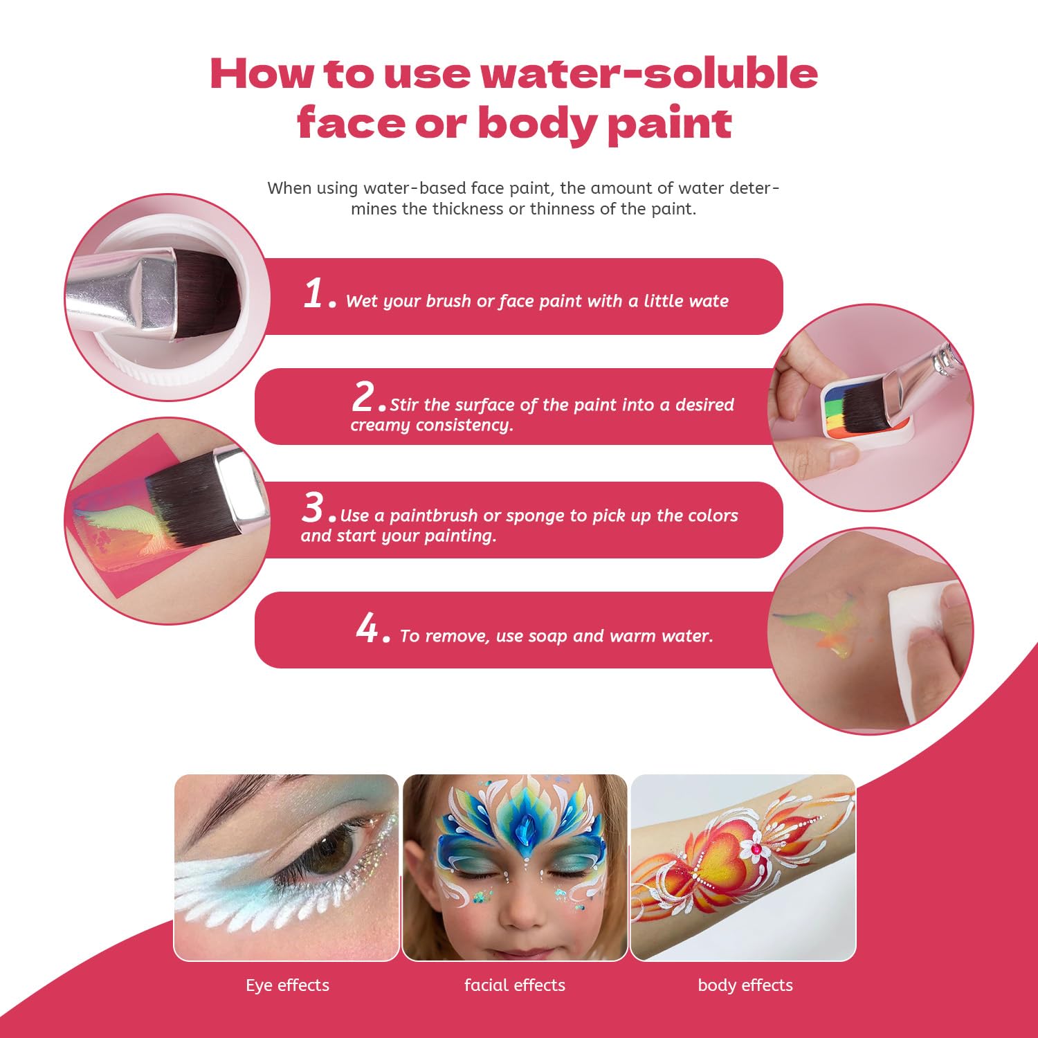 Professional Face Painting Kit for Kids Adults-12*10g Non Toxic Water Activated Face Paint Kit With Brushes,Stencils，Gem Stickers;Halloween,Carnival;Water Based Facepaint Makeup Kit for Kids Party - Image 4