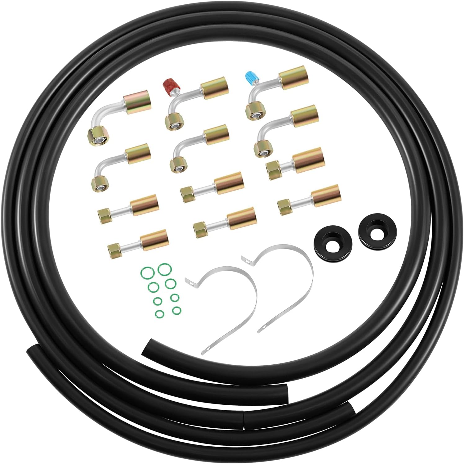 42810100 A/C Hose & Fitting Kit Universal Fit for Custom Air Conditioning Lines Complete Set Includes 6ft AN6, 5ft AN8, 4ft AN10 Hoses, Straight & 90-Degree Fittings, O-Rings, Band Clamps & Grommets