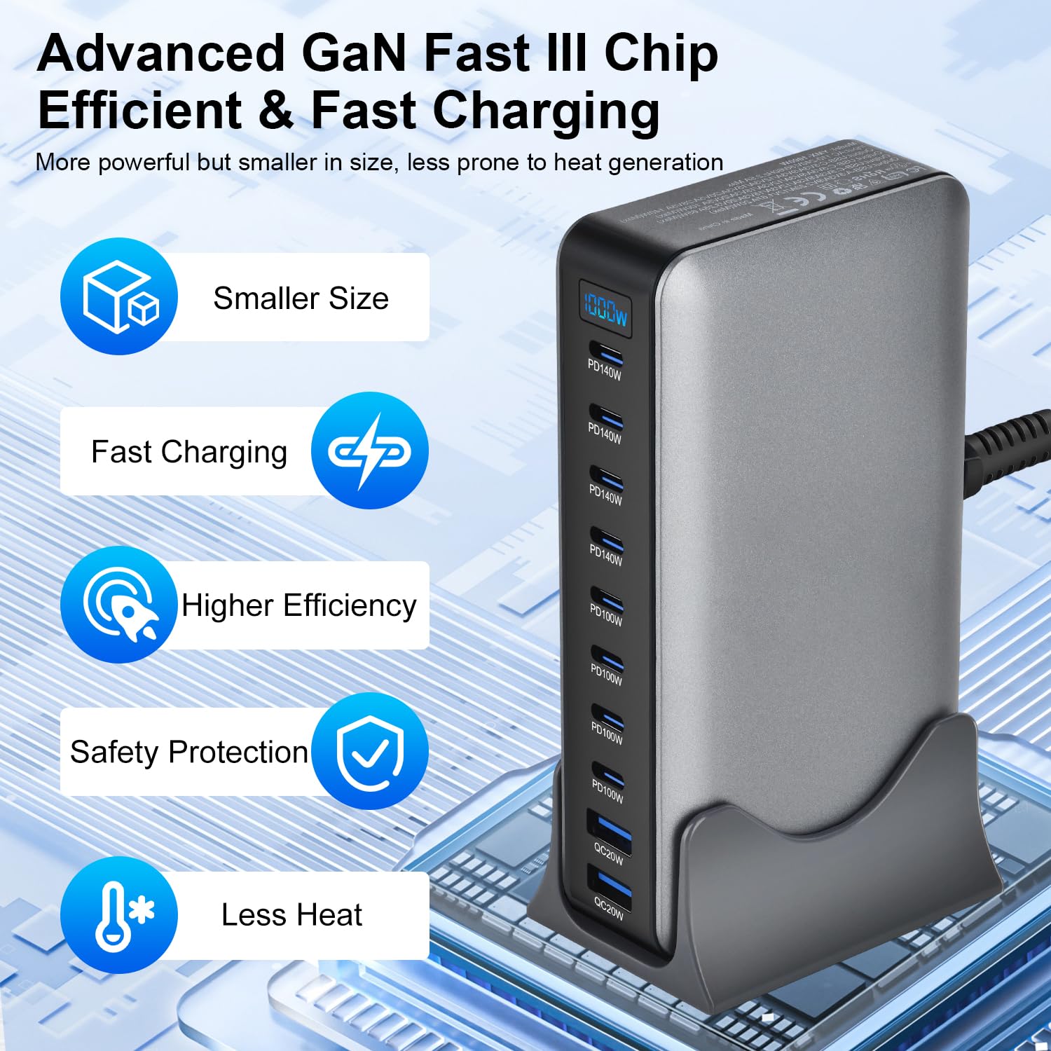 10 en 1 & 1000 W USB C cargador múltiple GaN 4 Max PD140W/100W QC20W portátil cargador rápido estación de carga (8C + 2 A)