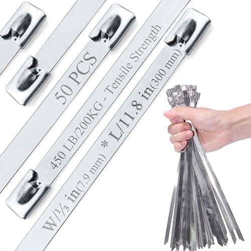Metal Cable Ties, 304 Stainless Steel Zip Ties,(50Pcs) 450LB Heavy Duty (2X Stronger), Heat Resistant for Exhaust Wrap/Fencing/Pipes/Auto Repair, Replace Metal Wires. L/11.8" (300mm), W/0.31" (7.9mm).