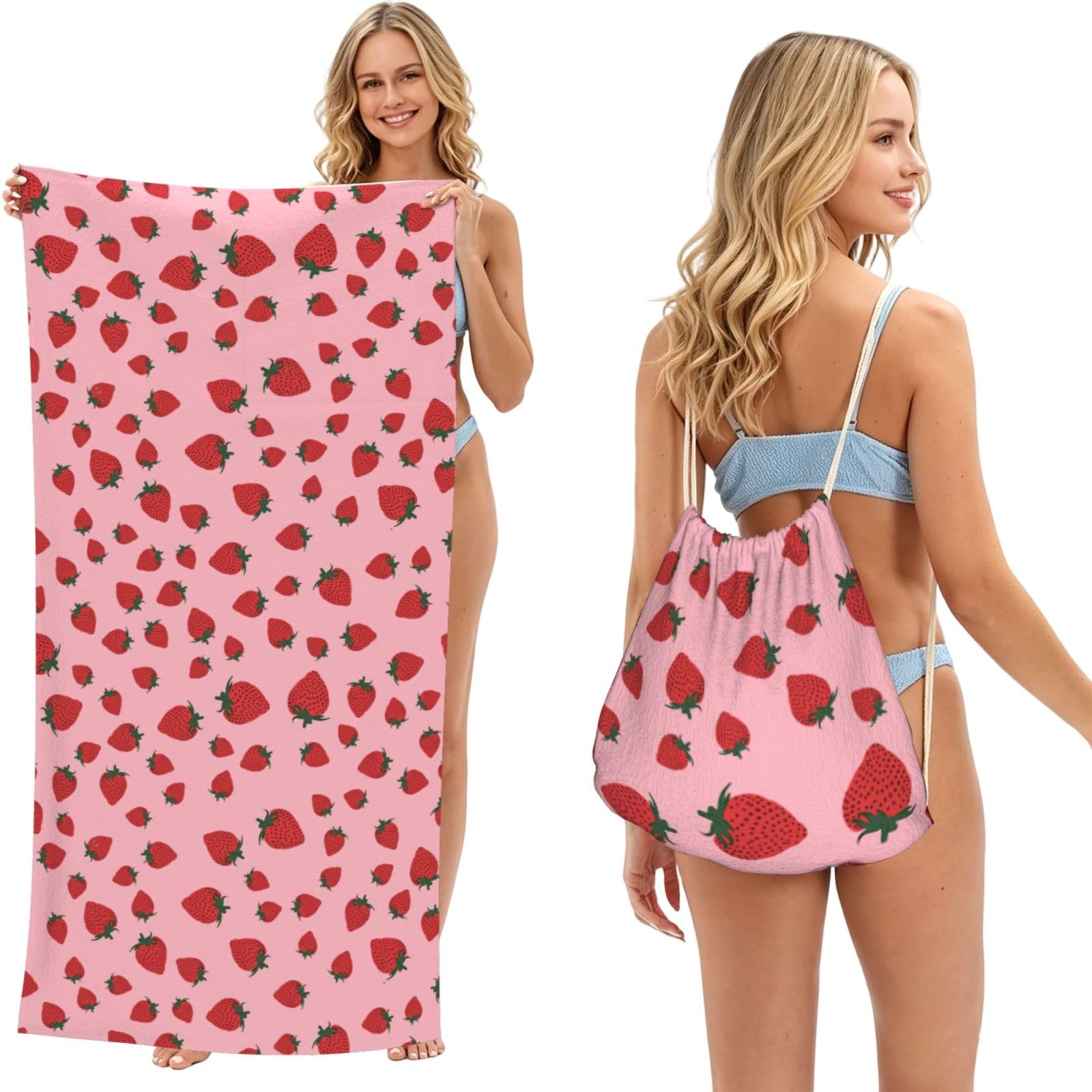 Poadnly As Picture Strawberry Fruits Pattern, 2 In 1 Packable Towel Bag, Beach Towels With Drawstring Backpack For Travel Holiday Camping