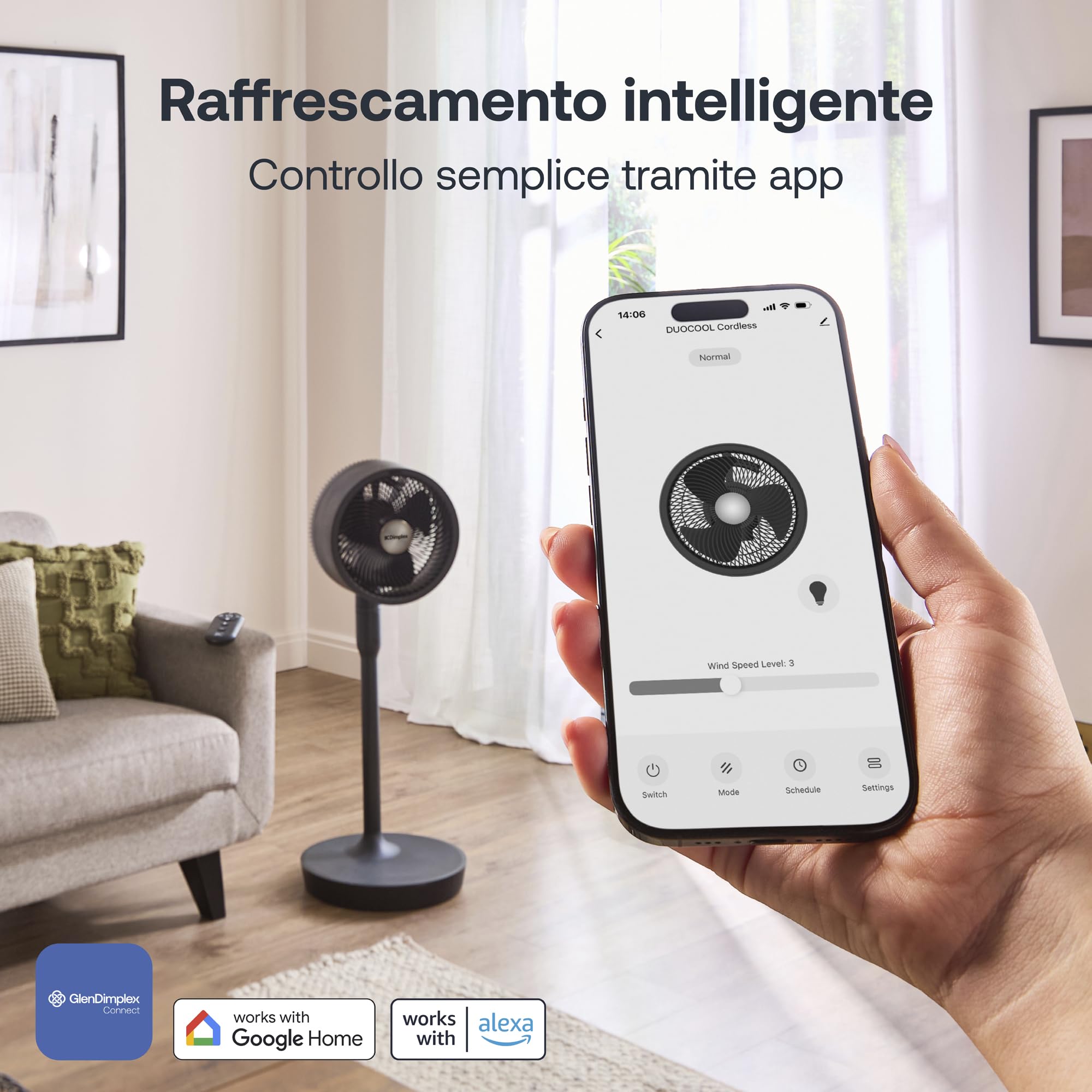 Dimplex DUOCOOL Smart Ventilatore Senza Fili 2-in-1, Ventilatore a Piantana e da Tavolo, Batteria 45h, 5 Velocità + Turbo, Portata 20m, Silenzioso (36dB), App, Google Home, Alexa, Telecomando, Nero