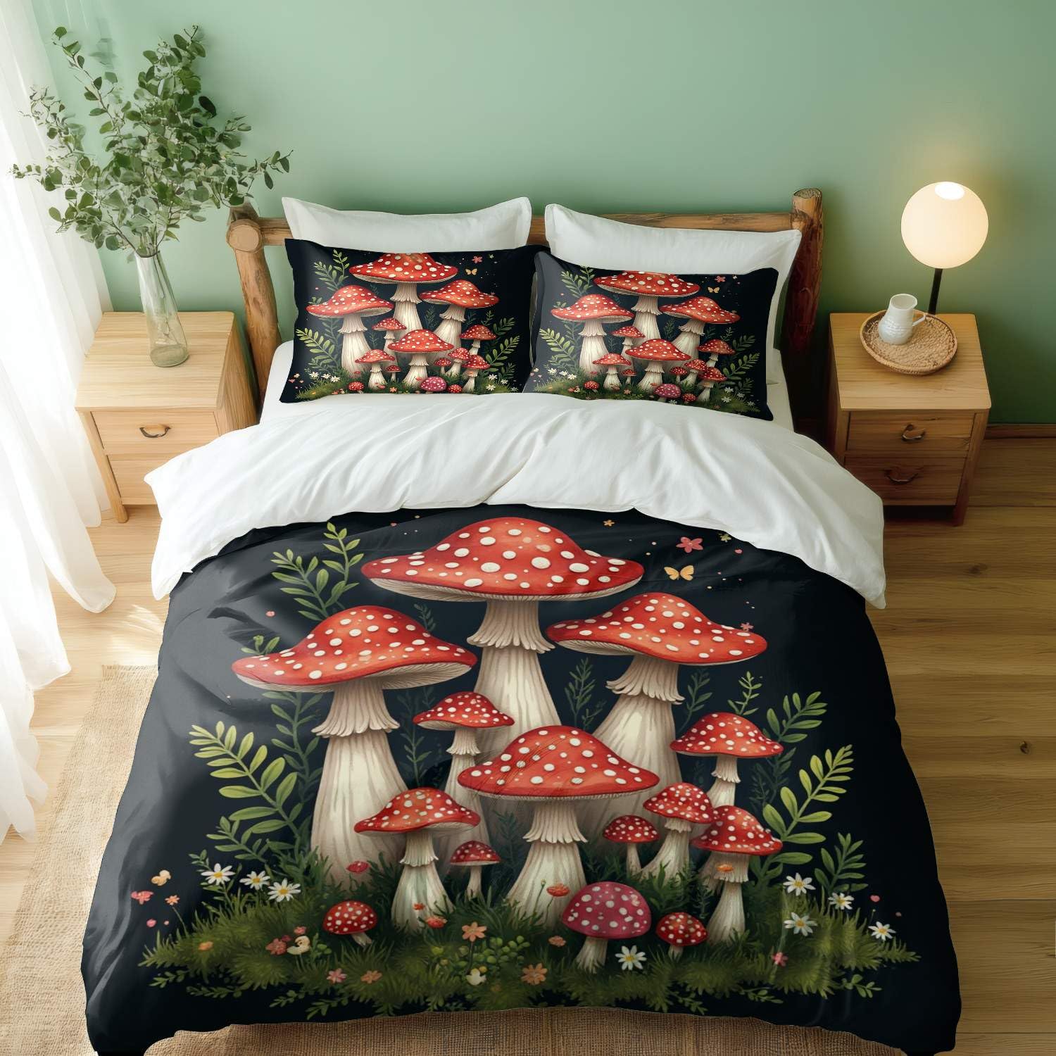 Housse de couette champignon parure de lit King 3 pièces avec deux taies d'oreiller motif nature