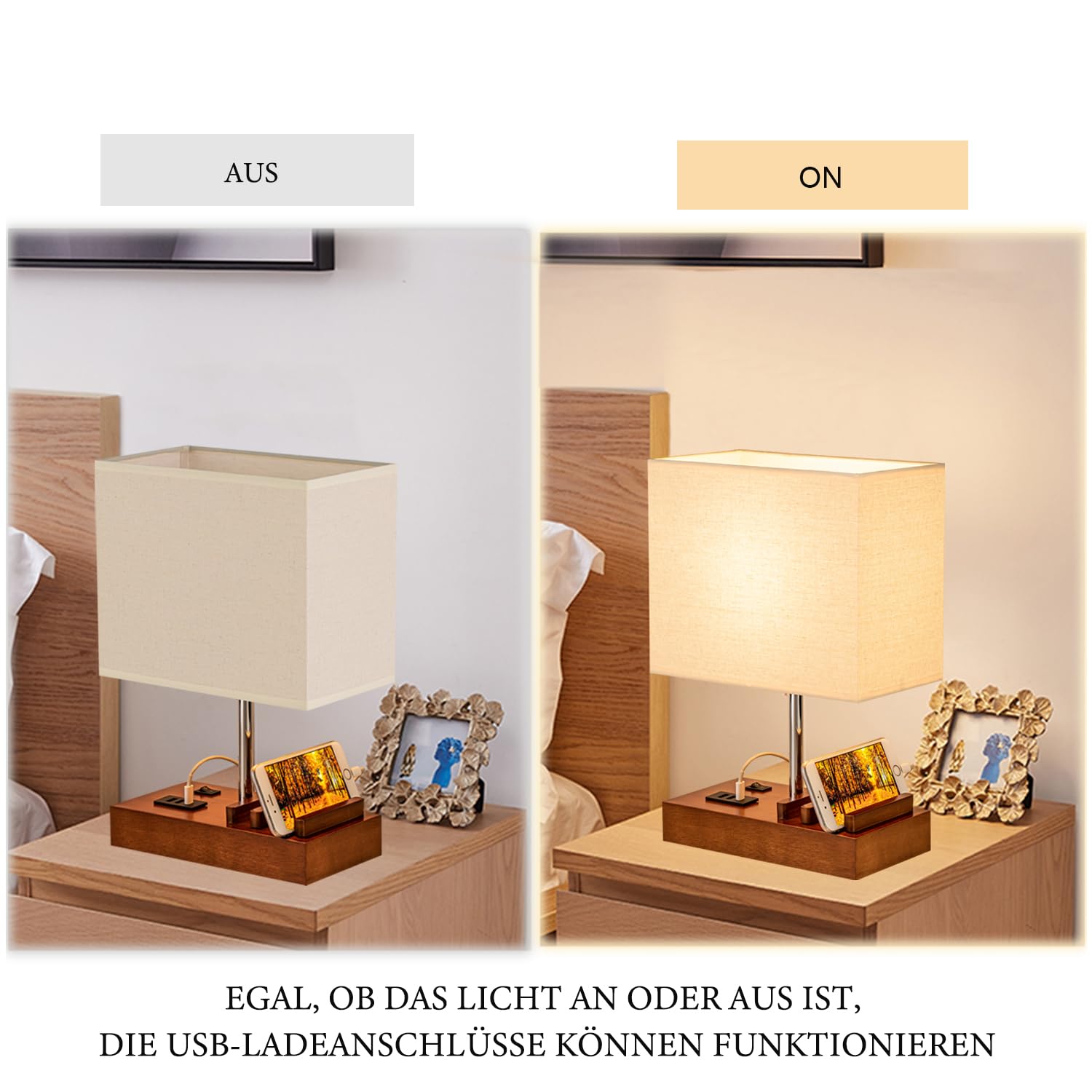 Dreamholder Tischlampe mit 3 USB A+C Anschlüssen, 3 Telefonständer, Moderne USB Nachttischlampe für Schlafzimmer, Wohnzimmer, Büro, Nachttischlampe mit Walnussholzsockel & Stoffschirm (Packung mit 2)