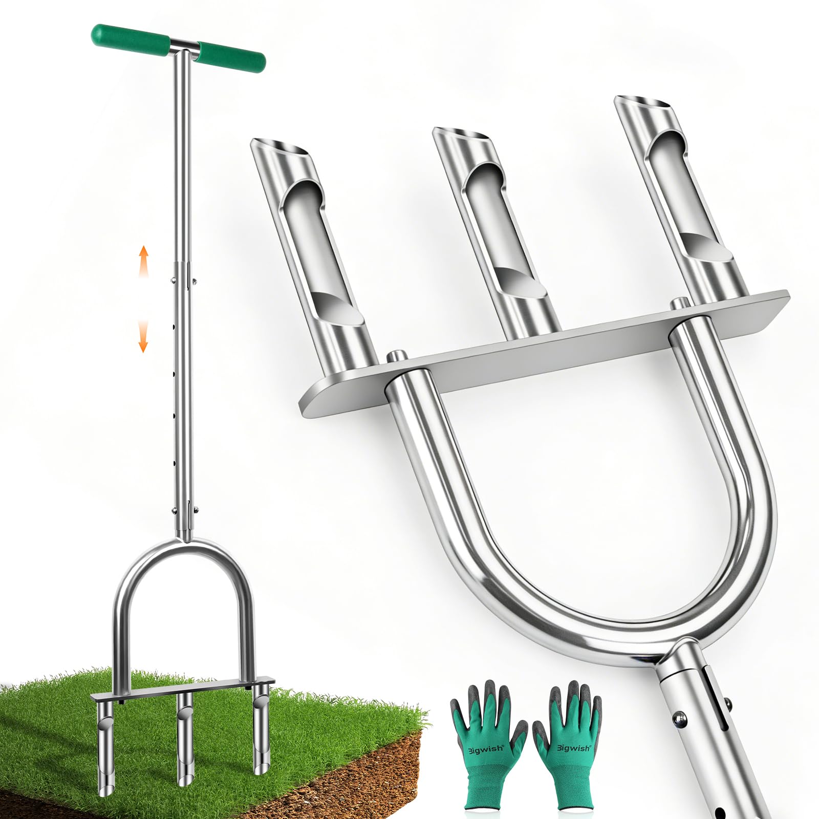 Photo 1 of Manual Lawn Aerator Tool with 3 Hollow Tines, Adjustable Height Stainless Steel Core Aerator, Heavy Duty Plug Aerator for Lawn Soil Compaction Relief, Yard Aeration Tool