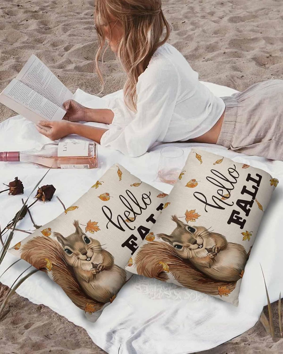 Fall Pack of 2 Decorative Outdoor Waterproof Throw Pillow Covers, Thanksgiving Day Squirrel Pumpkin Autumn Leaves Outdoor Pillows Cushion Cases, Square Pillowcase for Patio, Couch, Bench, 20x12 Inch