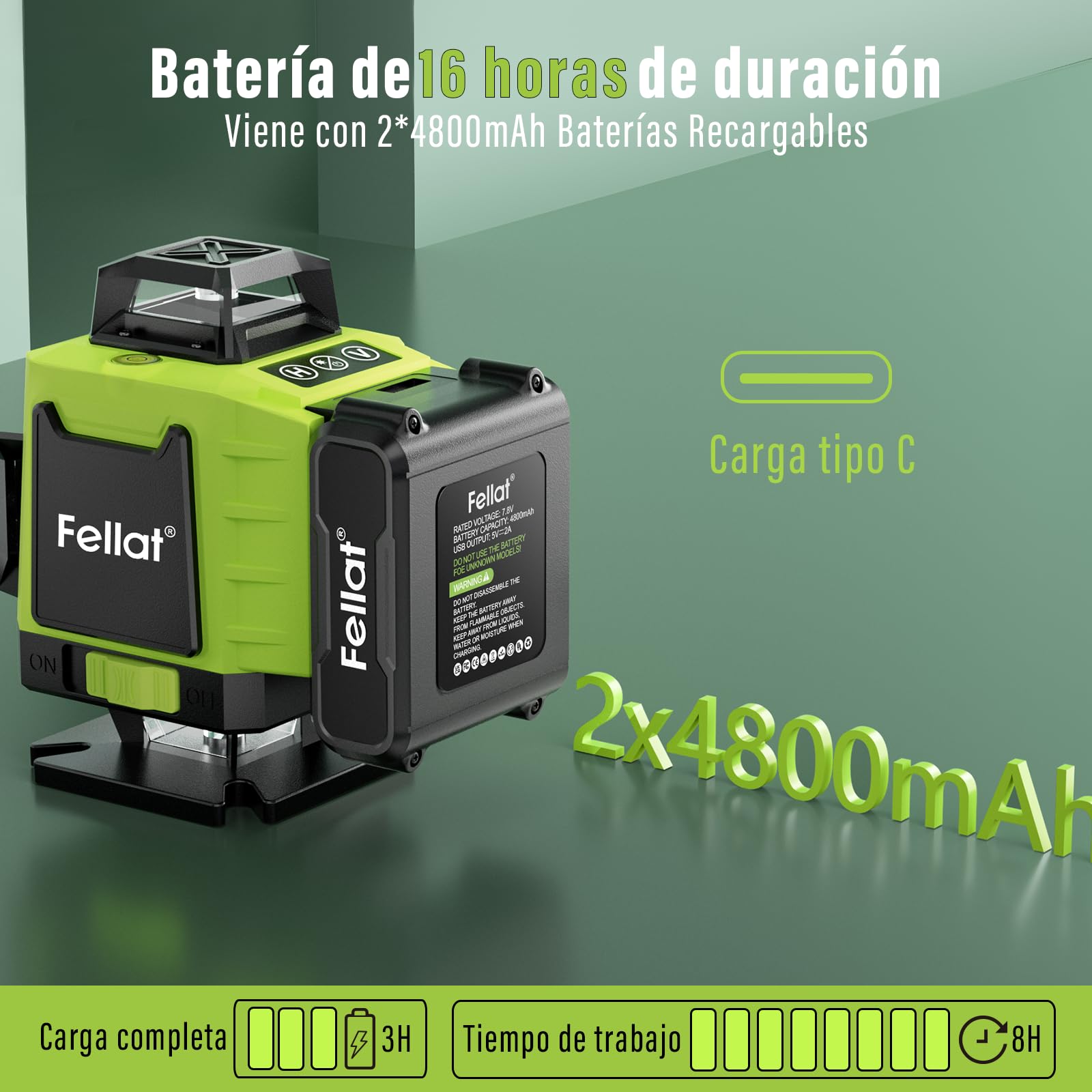 Nivel Láser, FELLAT 4x360° Nivel Laser Autonivelante, Nivel Láser Verde con 2x4800 mAh Batería Recargable, Control Remoto, Soporte Magnético, Estuche acolchado, para Diseño de Mejoras de Hogar