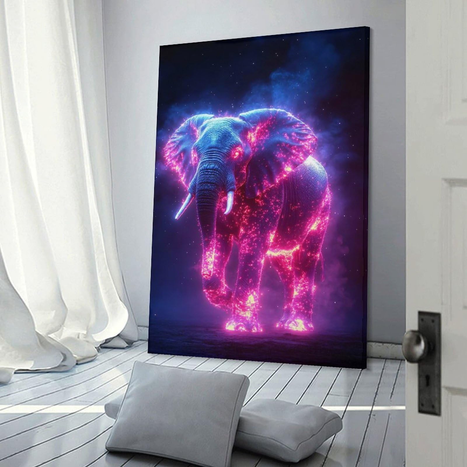Junmoney Cosmic Elephant with Neon Glow Wall Art Print, 24x36inch(60x90cm), for Corridors, Hallways Or Apartment Entries, Wall Decor to Refresh Empty Corners