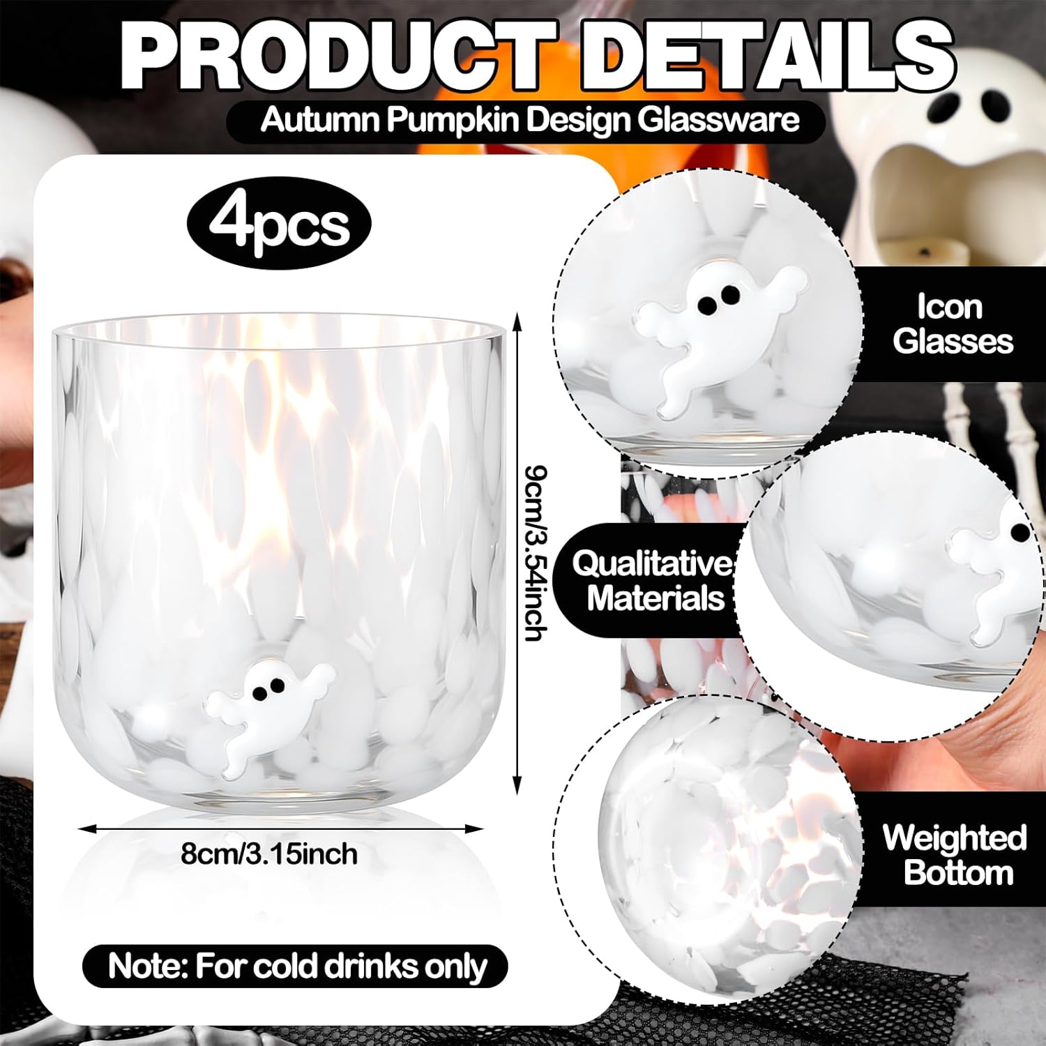 4 Pcs Thanksgiving Fall Icon Glass Cup 14 oz Icon Glass Cups Wine Stemless Double Old Fashioned Blown Cocktail for Women Friends Lovely Halloween Gifts(Ghost) - Image 2