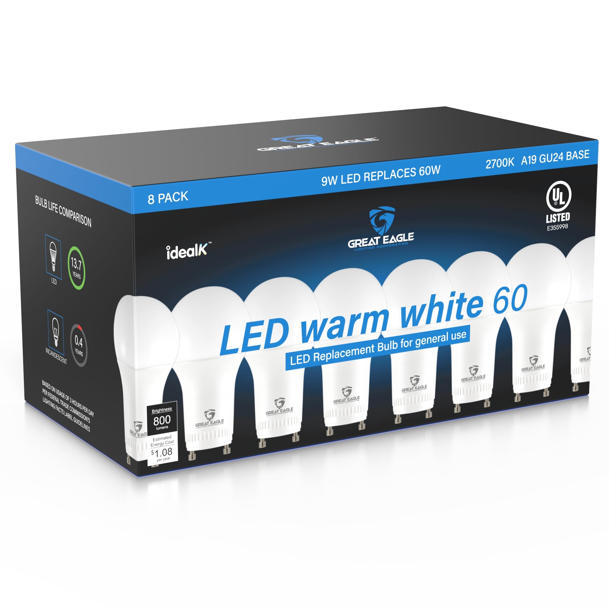 Great Eagle Lighting Corporation 60W GU24 LED Light Bulb, Non Dimmable, 2700K Warm White, UL, Twist-in 2 Prong (8-Pack)