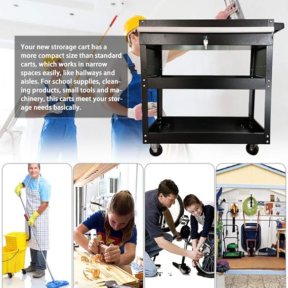 Big Tool Cart,3-Tier Rolling Tool Cart, 330 LBS Capacity Utility Cart with Drawer and Wheels,Big Tool Storage Cart and Tool Organizer,Tool Cart&Tool Chest for Garage and Warehouse (Black)