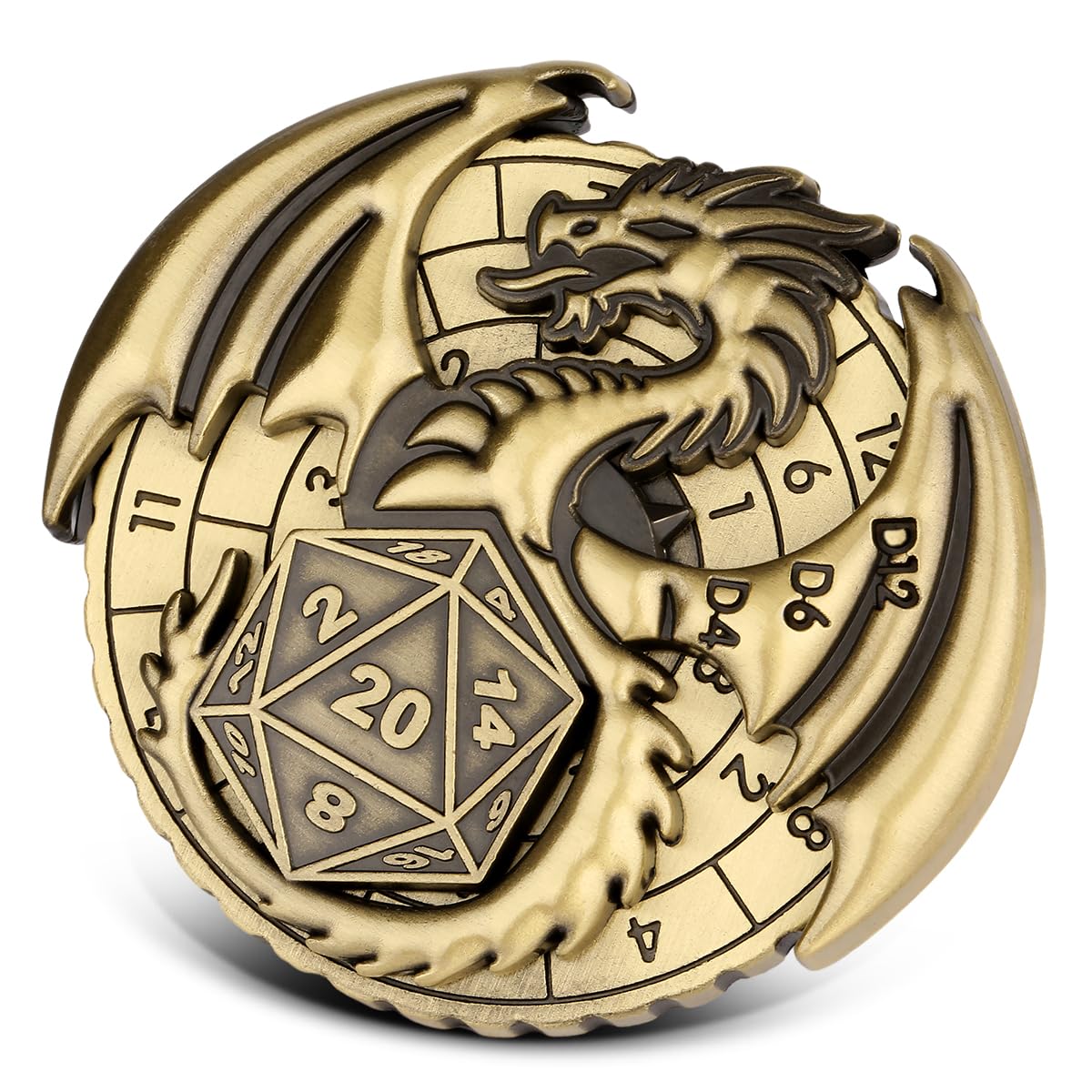 7-in-1 Flying Dragon Fingertip Gyro, DND Wheel Dice Spiner, DND Starter Set, 7-in-1 Metal D&D Dice Set, D&D Gifts with Dragon Logo Gift Box, Tabletop Games, Role Playing Board Game Accessories, Bronze