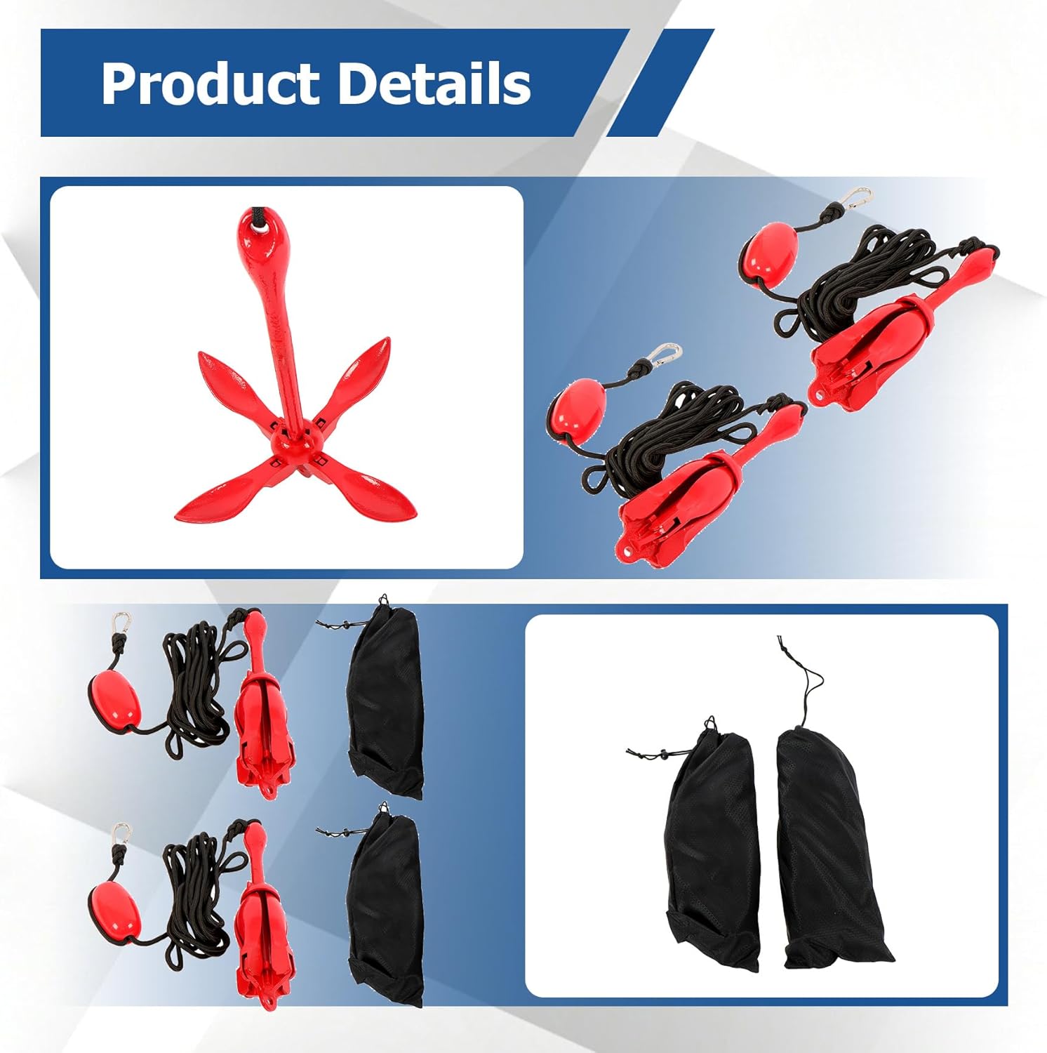 WFLNHB Red 2 Pack 3.3lb Marine Kayak Anchor Kit Boat Anchor Kayak Fishing Accessories for Small Boats Kayaks