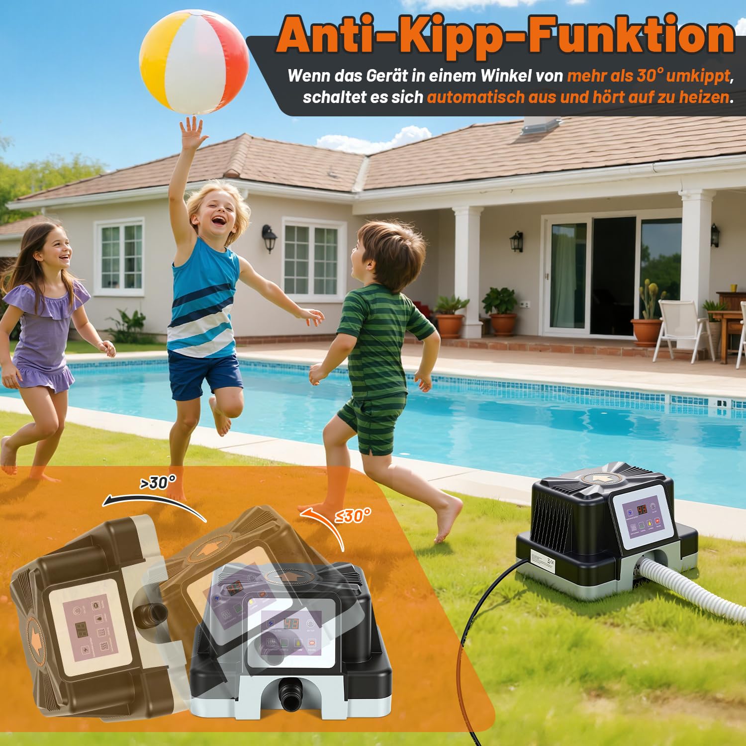 Daromigo Poolheizung Elektrisch 3000W mit Digitalanzeige, Temperaturregelung 37-45°C, Poolheizung für Aufstellpools bis 3 m³, mit FI-Schutz und Kippschutz, für 32/38 mm Schlauch